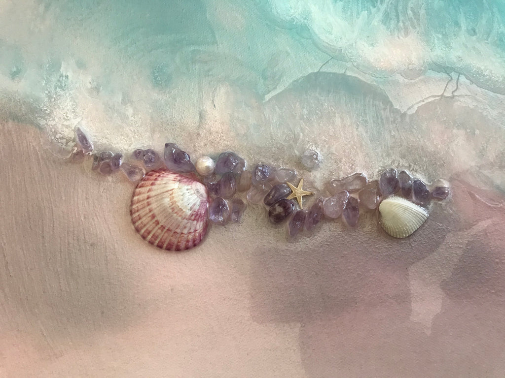 7 Coogee coastal. Blue and Pink Ocean. Original Artwork with Amethyst. 90x120 cm