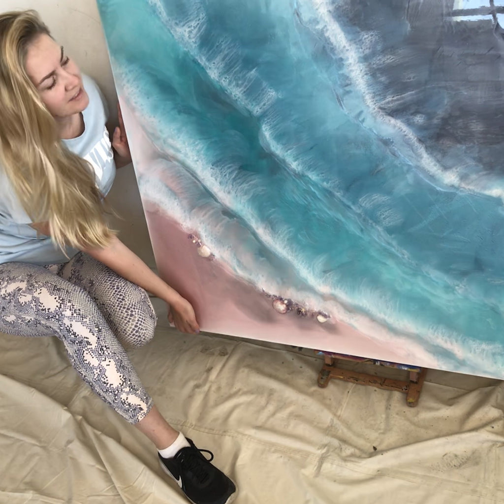 2 Coogee coastal. Blue and Pink Ocean. Original Artwork with Amethyst. 90x120 cm