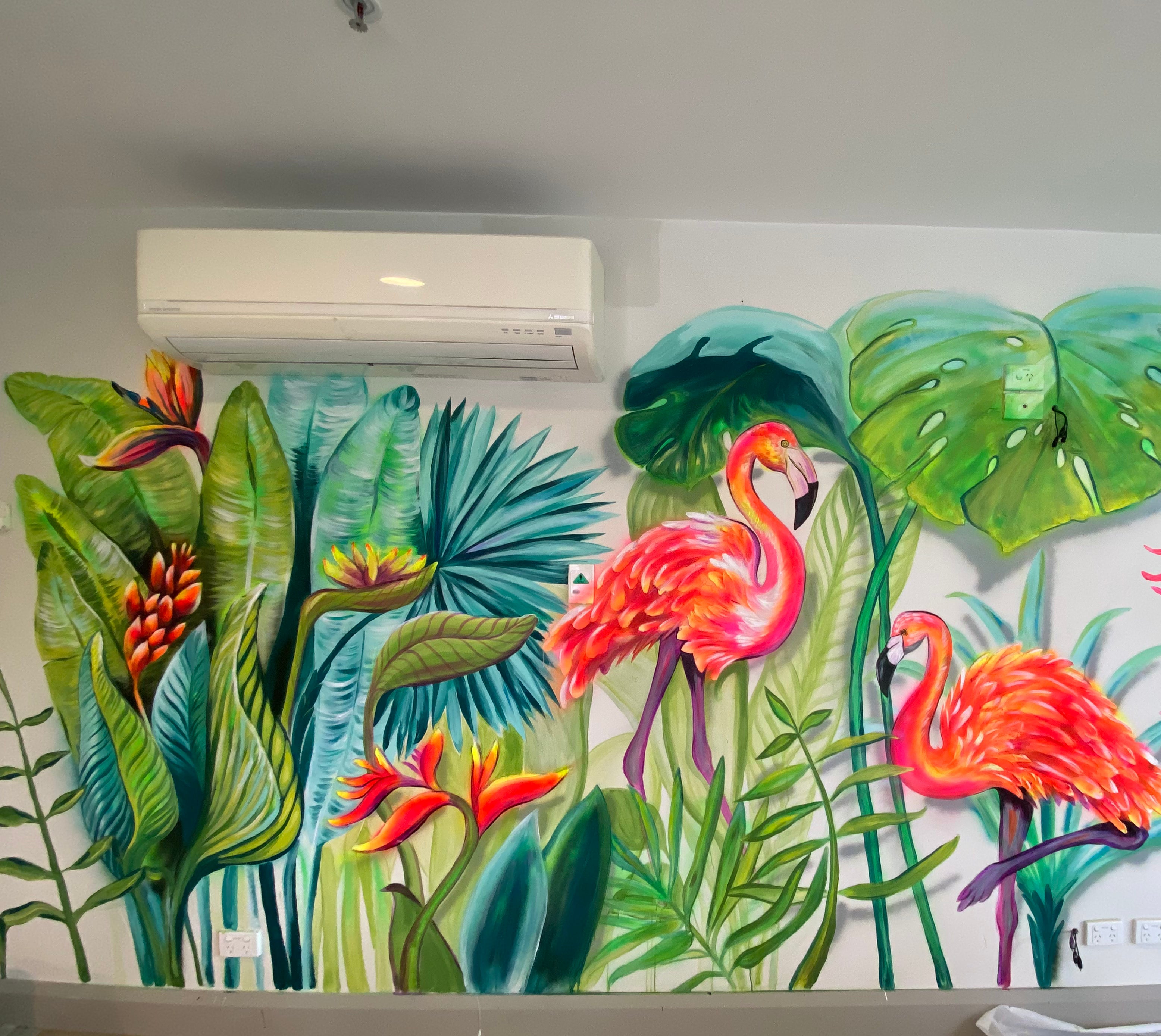 TROPICAL bright Flamingo Mural with texture elements