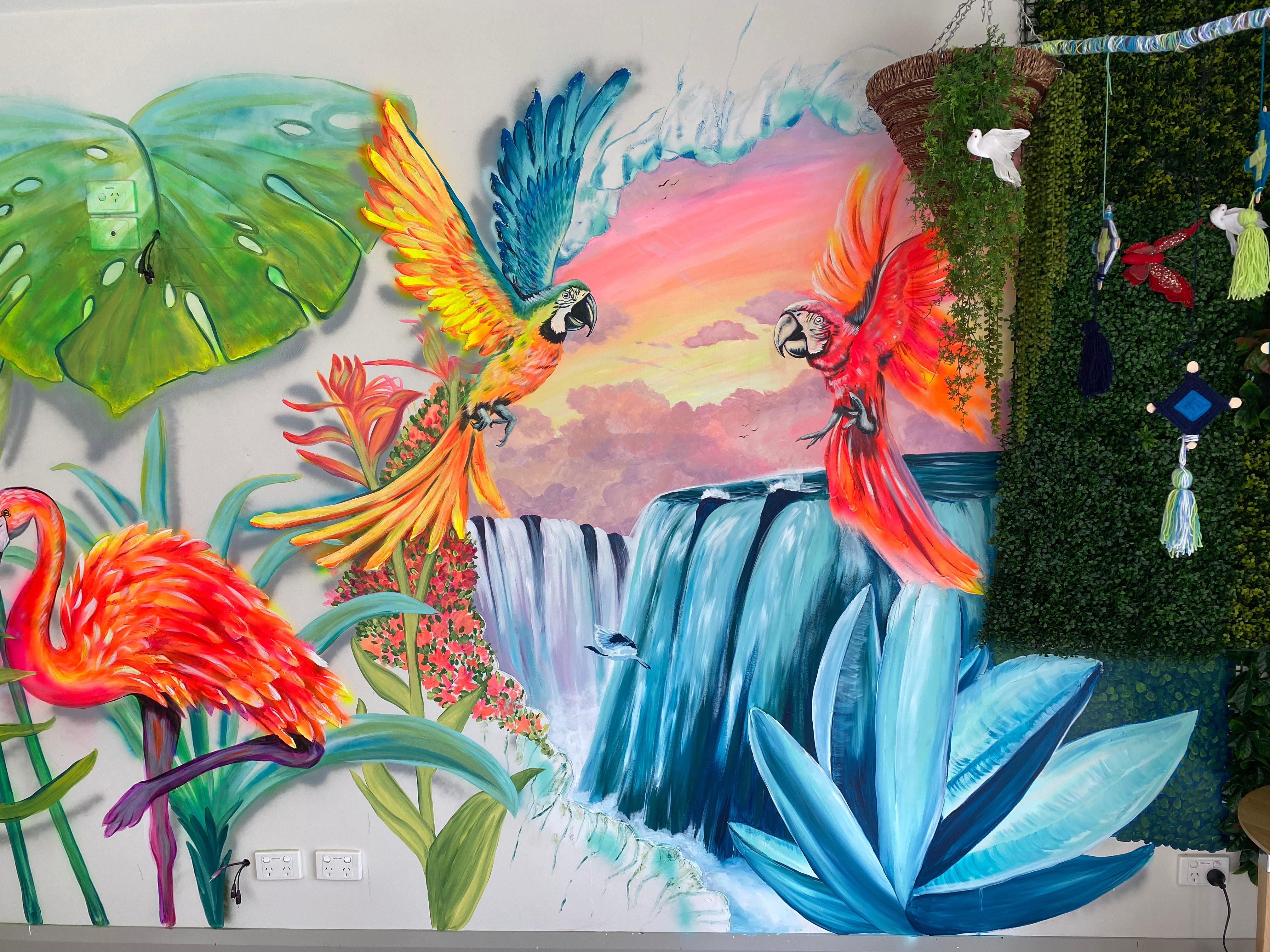 TROPICAL waterfalls and  vivid PARROTs with texture elements