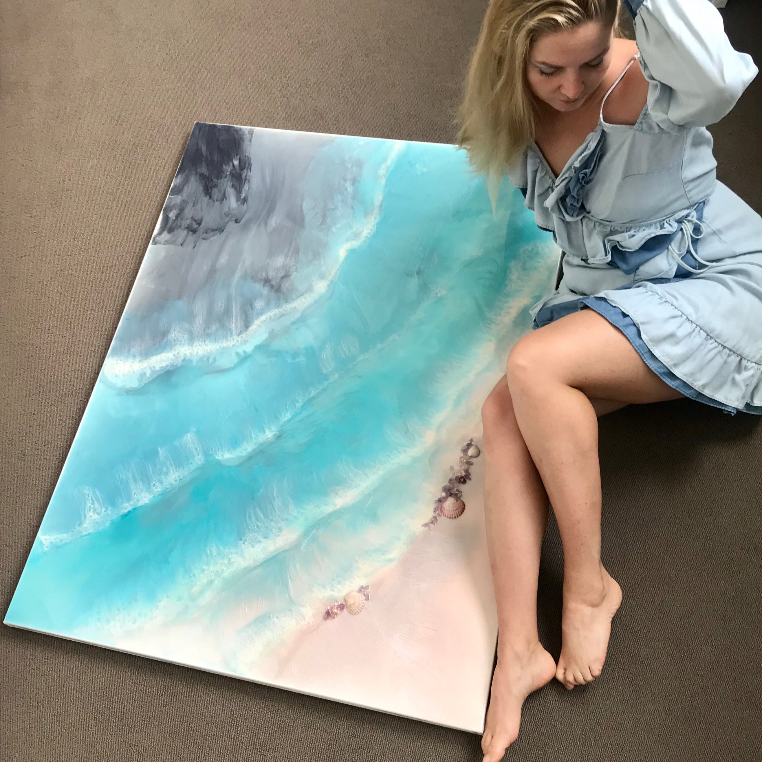 1 Coogee coastal. Blue and Pink Ocean. Original Artwork with Amethyst. 90x120 cm