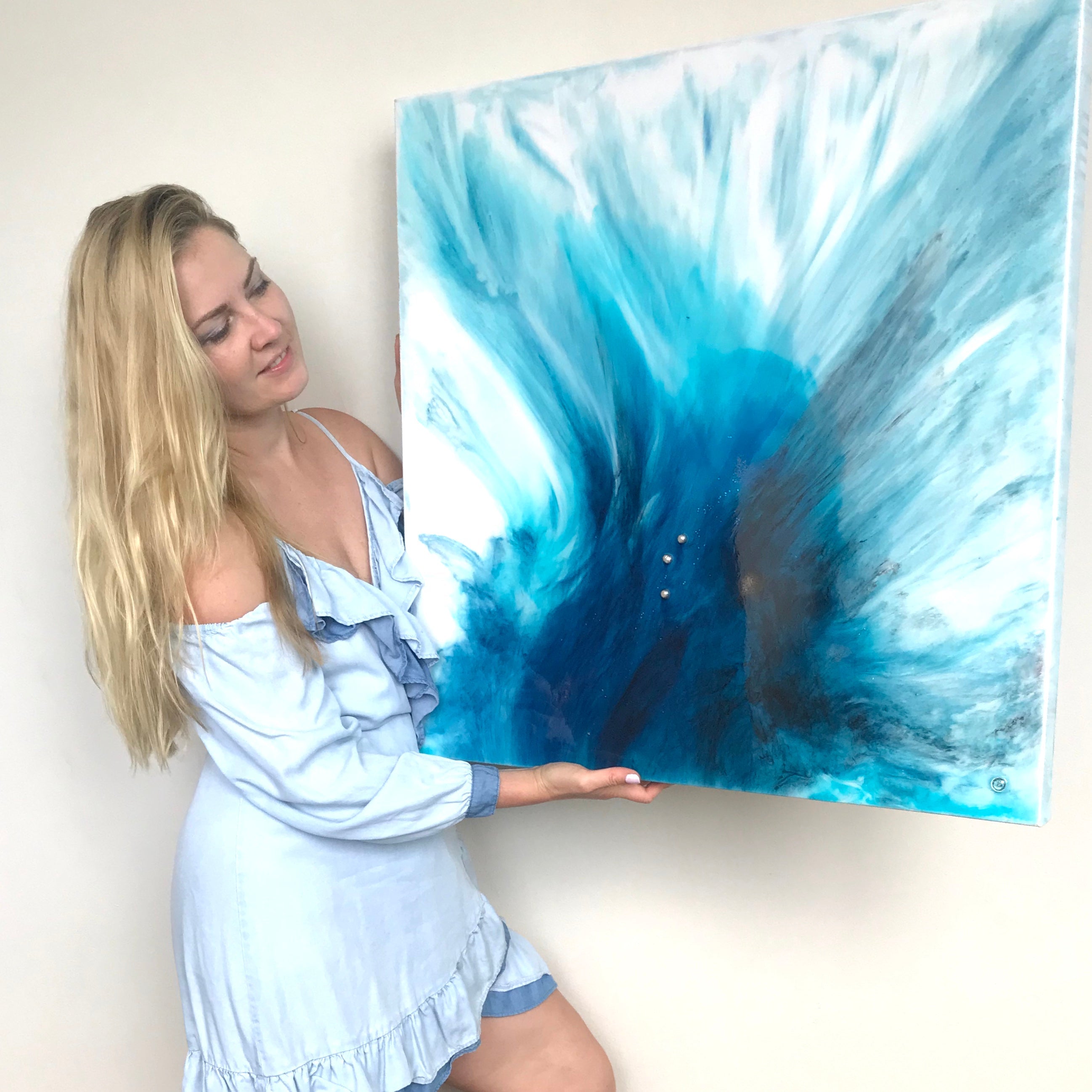 2 My Blue Heaven Original Abstract Artwork. Angel Wings Flight with Genuine Pearls and Swarovski