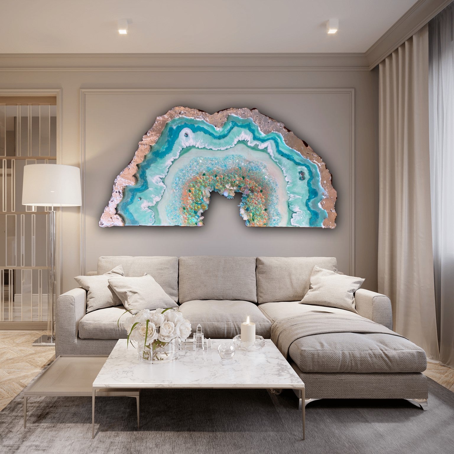 Moonlight Crystal Reef Freeform with Moonstones 84x120 cm Wood panel
