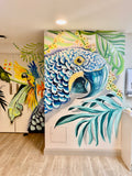 TROPICAL Mural BLUE MACAU PARROT  with texture elements