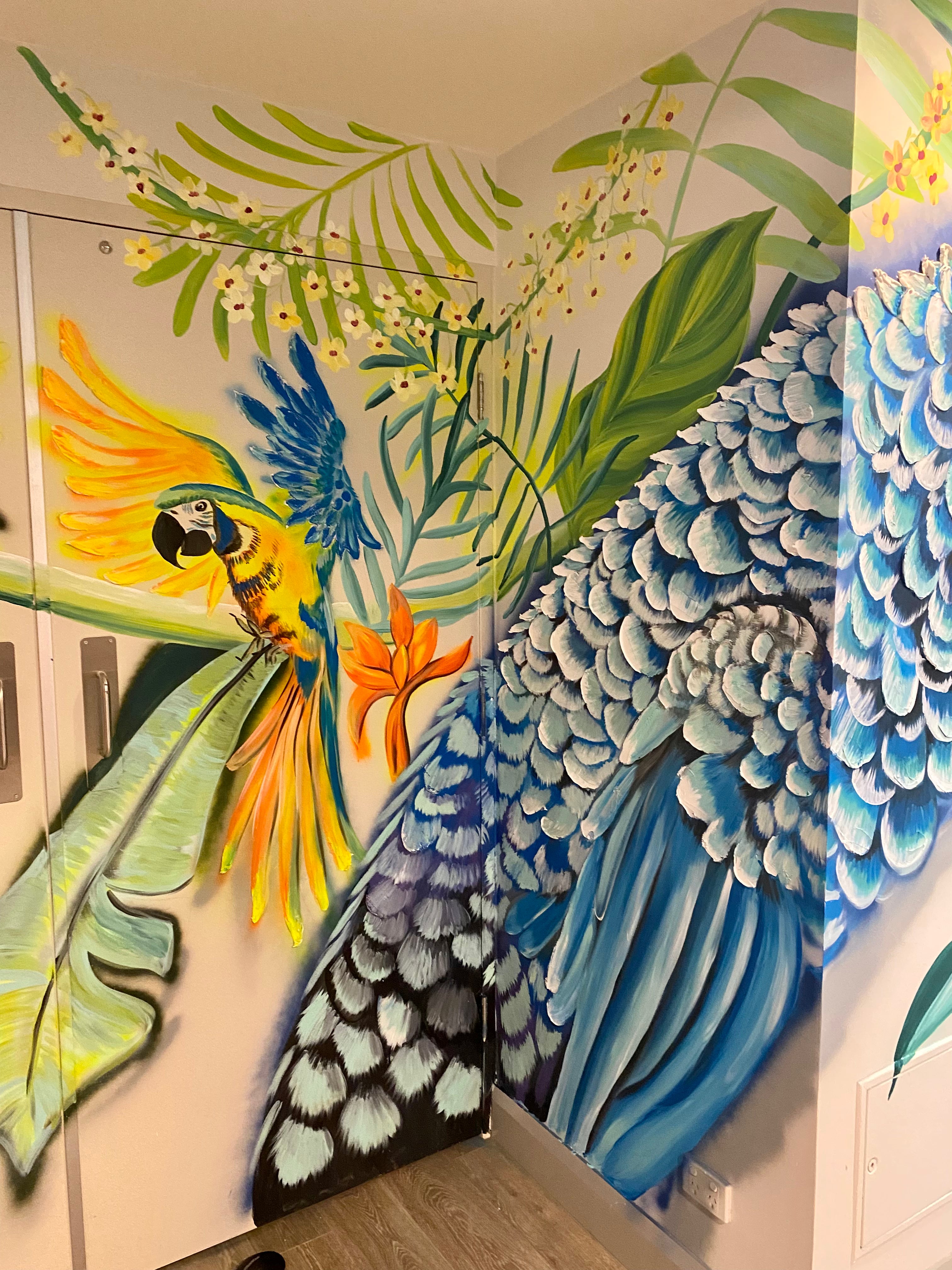 TROPICAL Mural BLUE MACAU PARROT  with texture elements