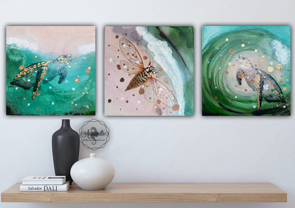 Close to Extinction Light set of 3 - Sea Turtle and Cicada Ocean Original Art - Gallery Wall