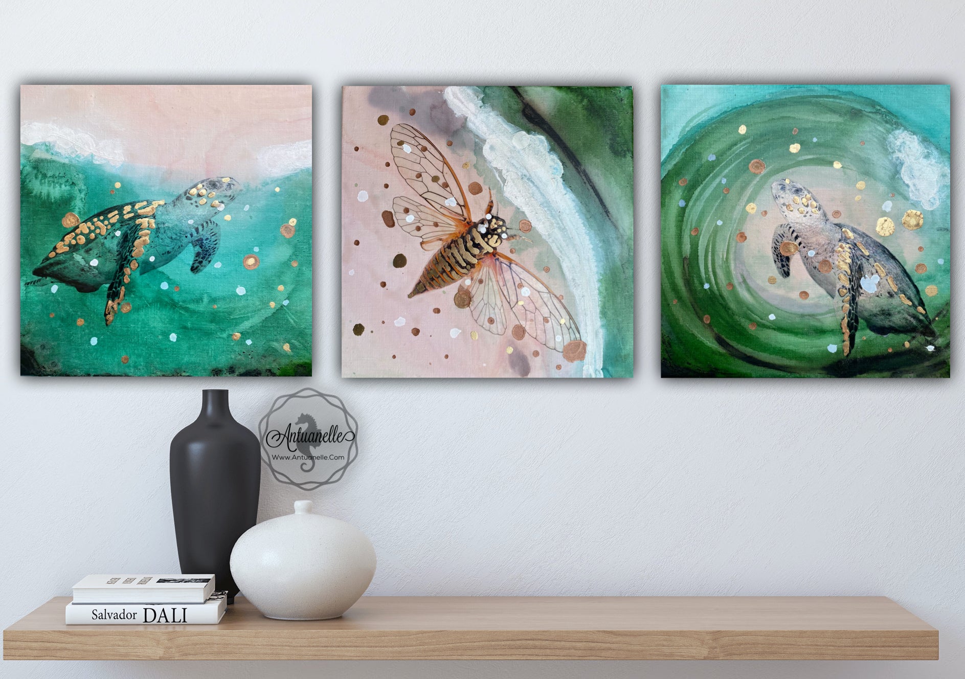 Close to Extinction Light set of 3 - Sea Turtle and Cicada Ocean Original Art - Gallery Wall
