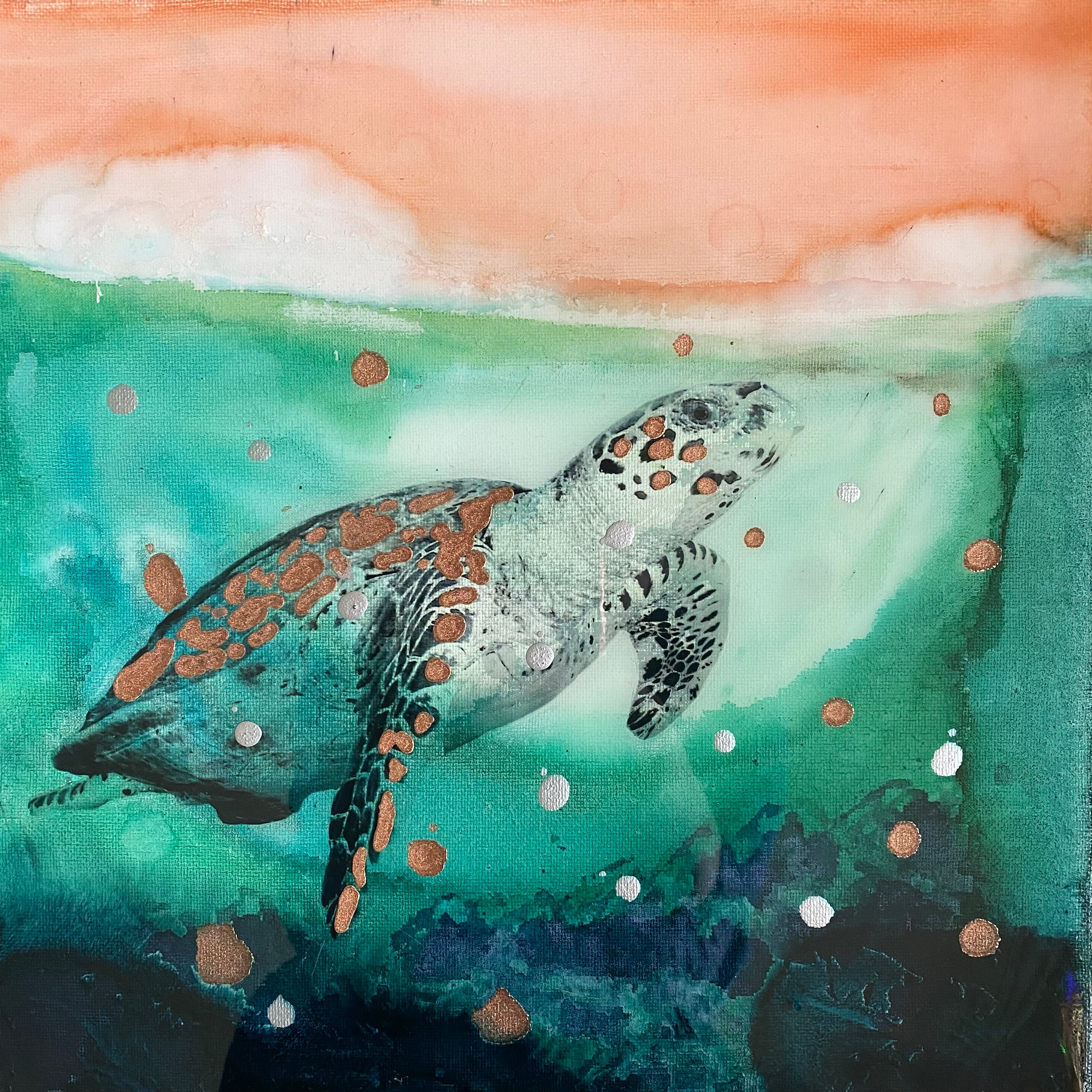 Close to Extinction Bright set of 4 - Ocean Turtle Cicada Original Art- Gallery Wall