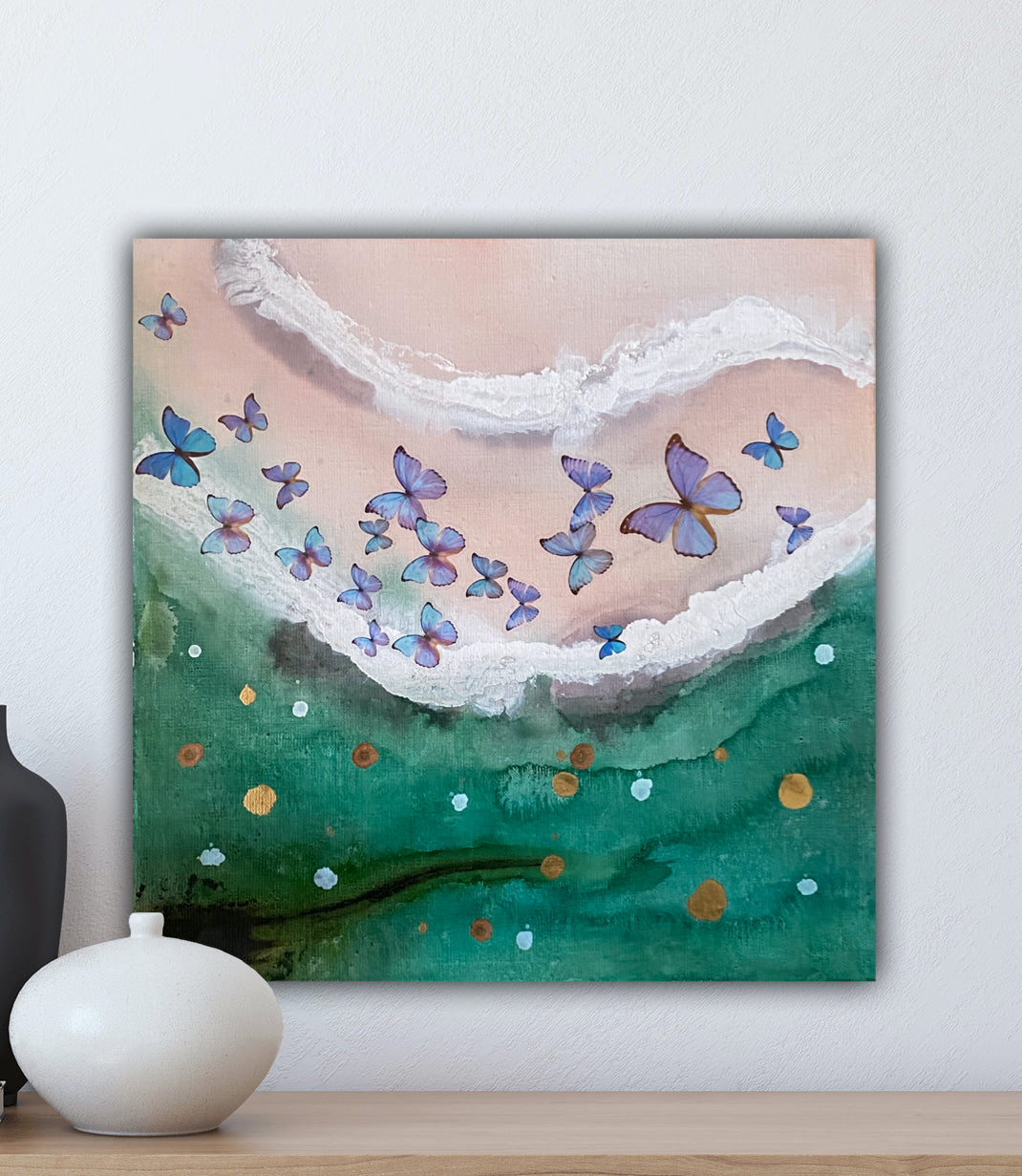 Butterflies Sky & Sea - Blue Green Pink Original Artworks set of 2 - Gallery wall