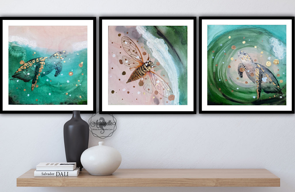 Close to Extinction Light set of 3 - Sea Turtle and Cicada Ocean Original Art - Gallery Wall