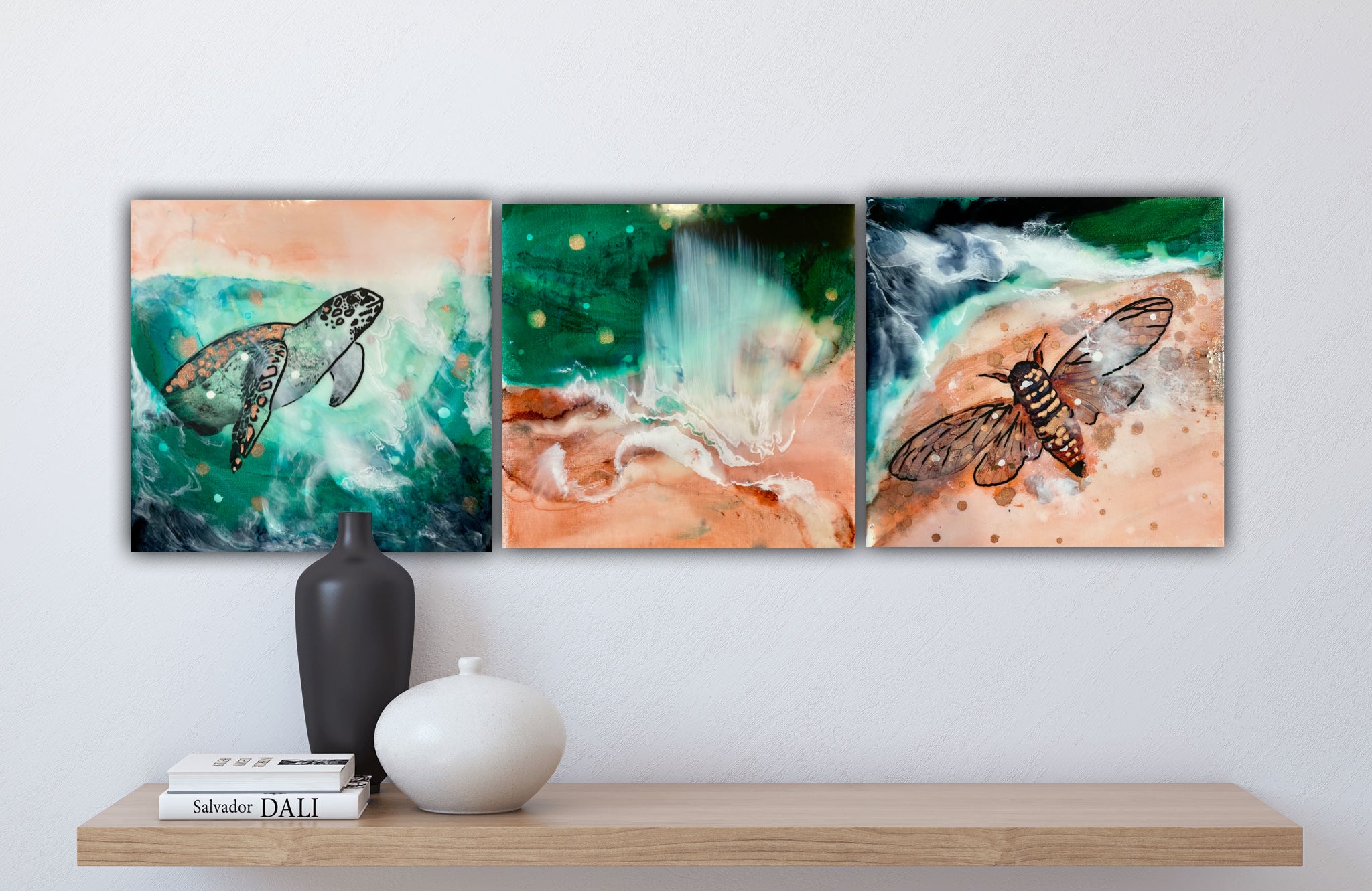 Close to Extinction set of 3 - Ocean Turtle Cicada Original Art- Gallery Wall