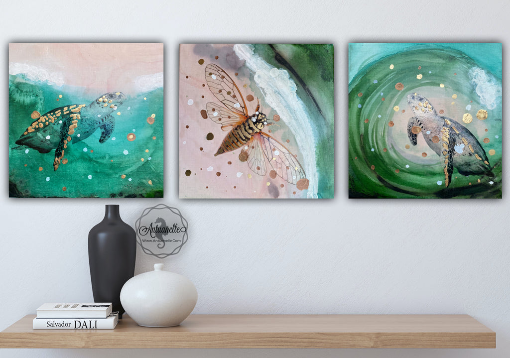 Close to Extinction Light set of 3 - Sea Turtle and Cicada Ocean Original Art - Gallery Wall