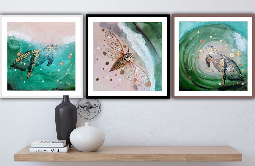 Close to Extinction Light set of 3 - Sea Turtle and Cicada Ocean Original Art - Gallery Wall