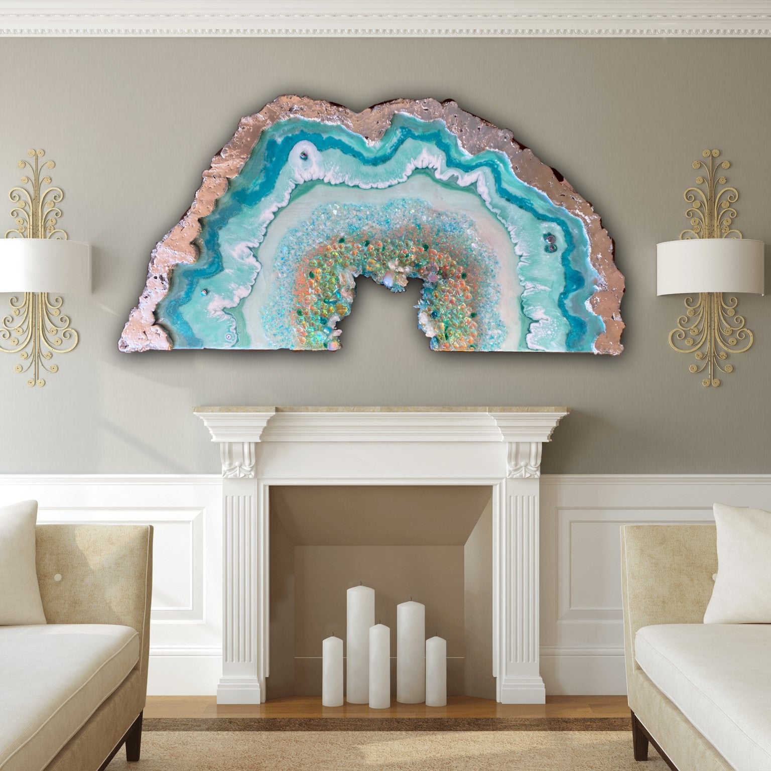 Moonlight Geode Freeform with Moonstones and swarovski crystals 84X120CM