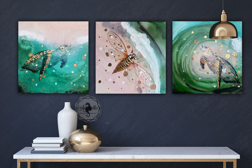 Close to Extinction Light set of 3 - Sea Turtle and Cicada Ocean Original Art - Gallery Wall
