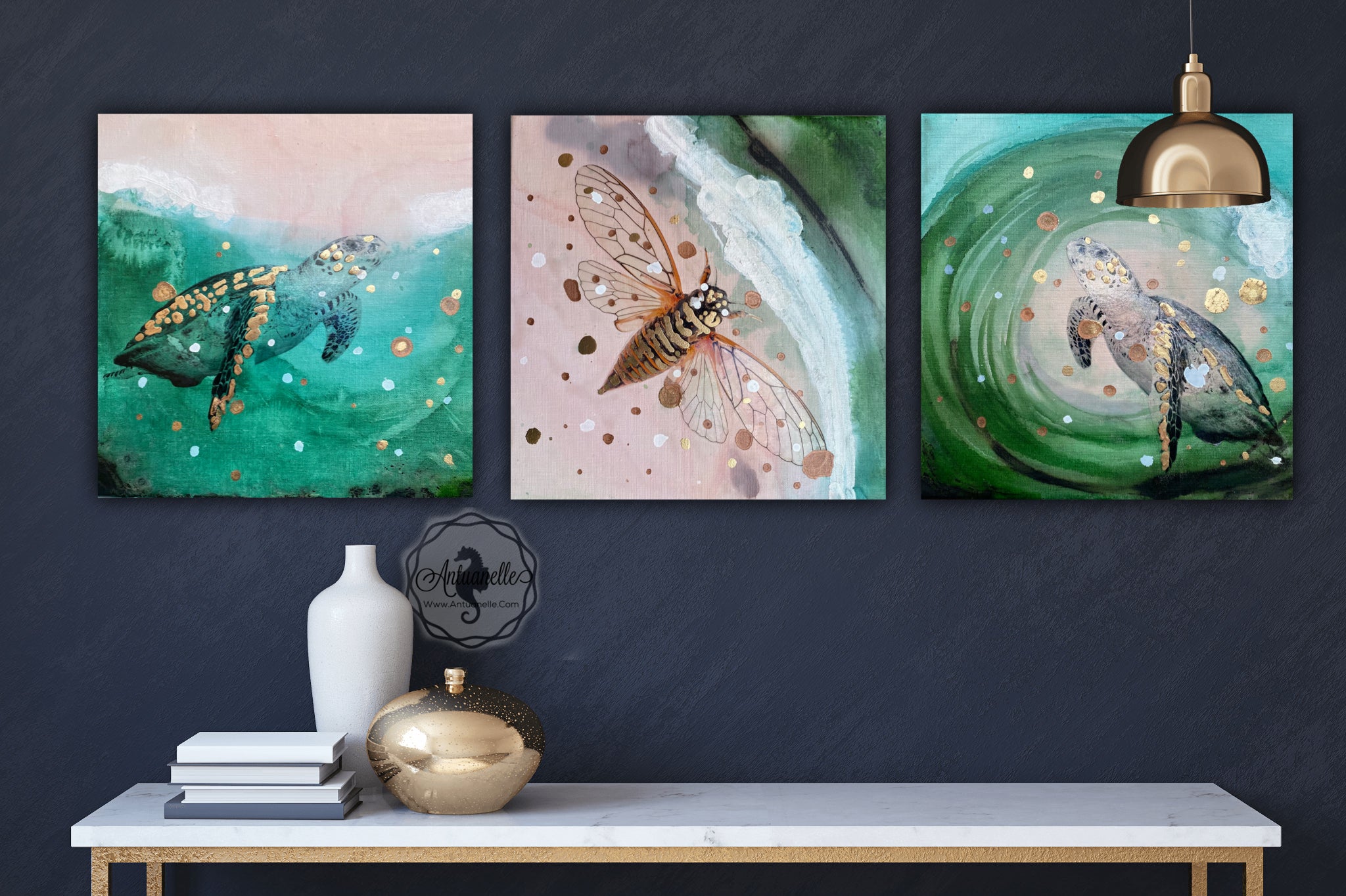 Close to Extinction Light set of 3 - Sea Turtle and Cicada Ocean Original Art - Gallery Wall