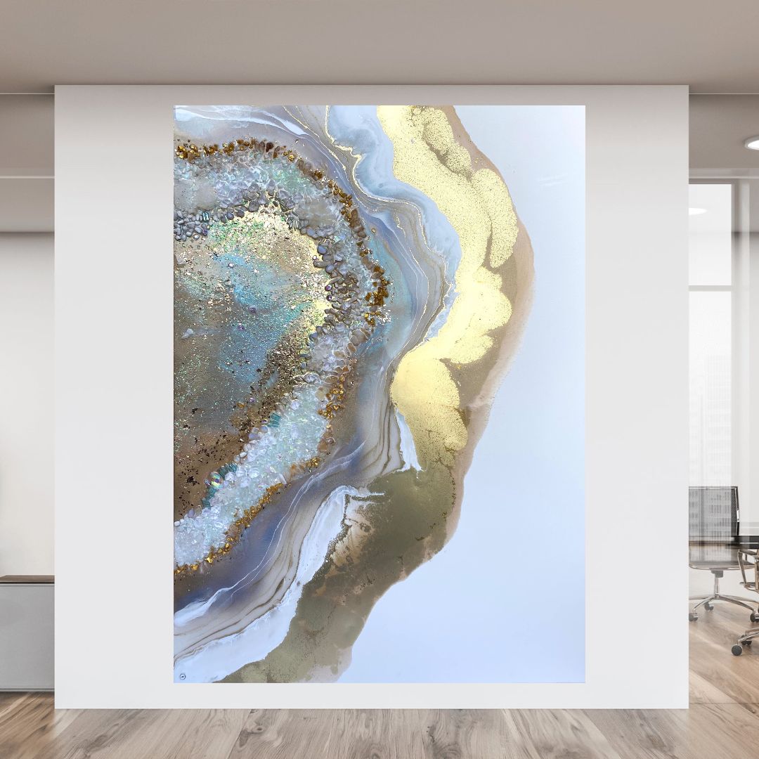 - Serenity - Golden Heart  with Moonstone, Aqua Aura Quartz Abstract Crystal Artwork