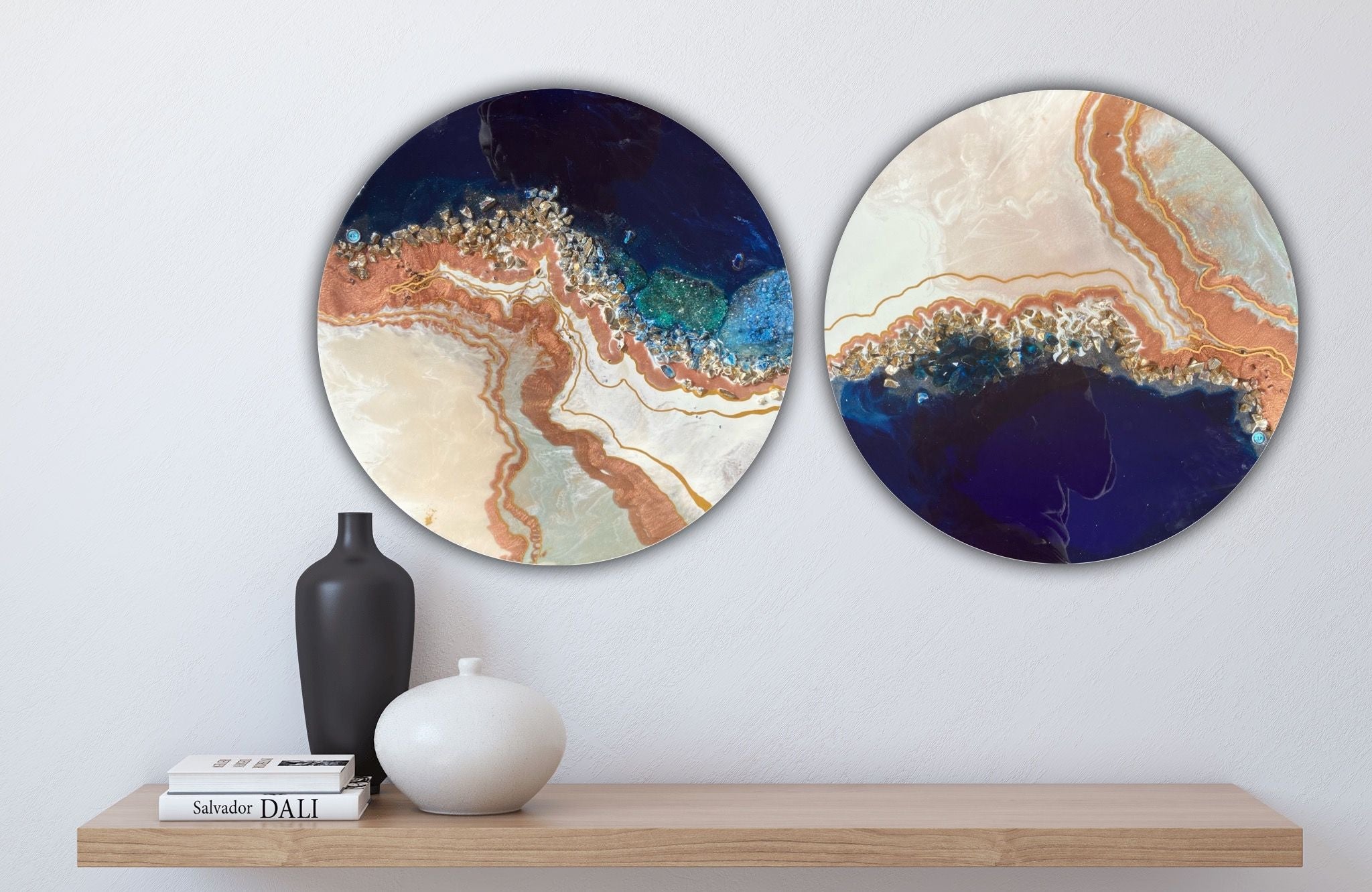 Black and White Crystal Geode 1and 2. Blue Sapphire. Round Artworks set of 2
