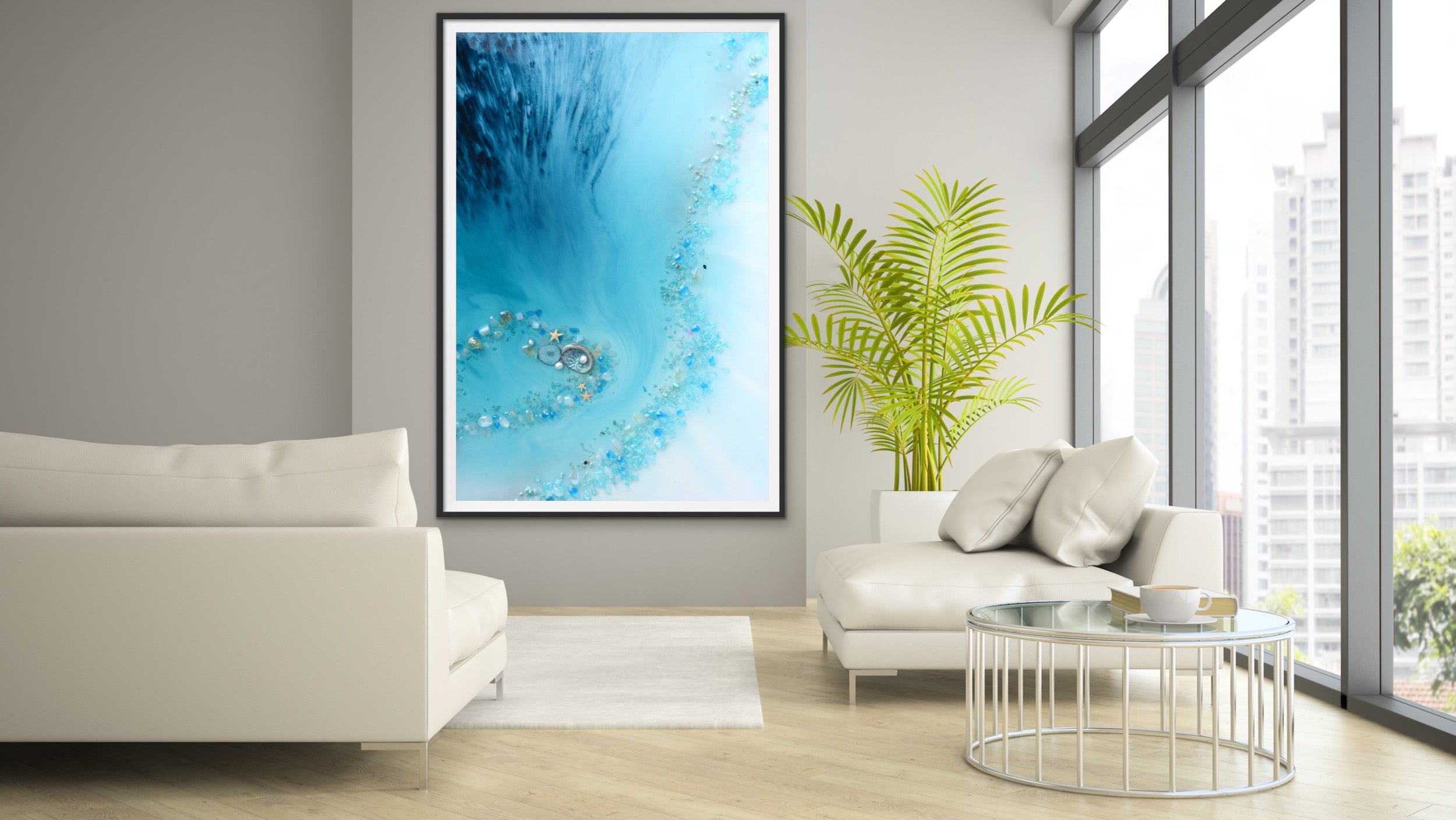 Abstract Beach. Teal Blue. Blue Lagoon Vertical. Art print. Antuanelle 2 Heart Reef Artwork. Limited Edition Print