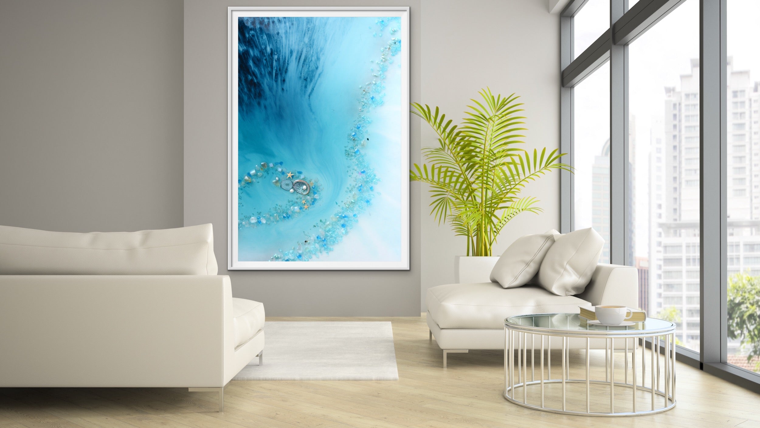 Abstract Beach. Teal Blue. Blue Lagoon Vertical. Art print. Antuanelle 3 Heart Reef Artwork. Limited Edition Print