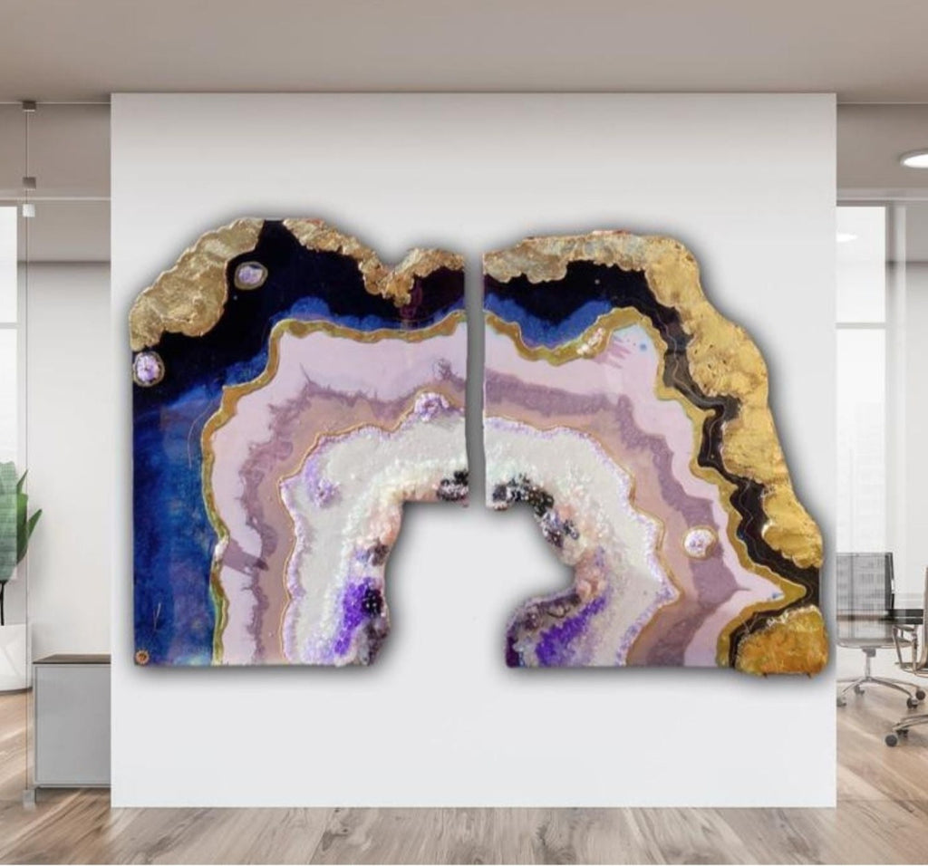 Amethyst Purple and Gold Freeform Crystal with Amethysts, Rose Quartz, Clear Quartz and swarovski crystals set of 2 - 120x180cm