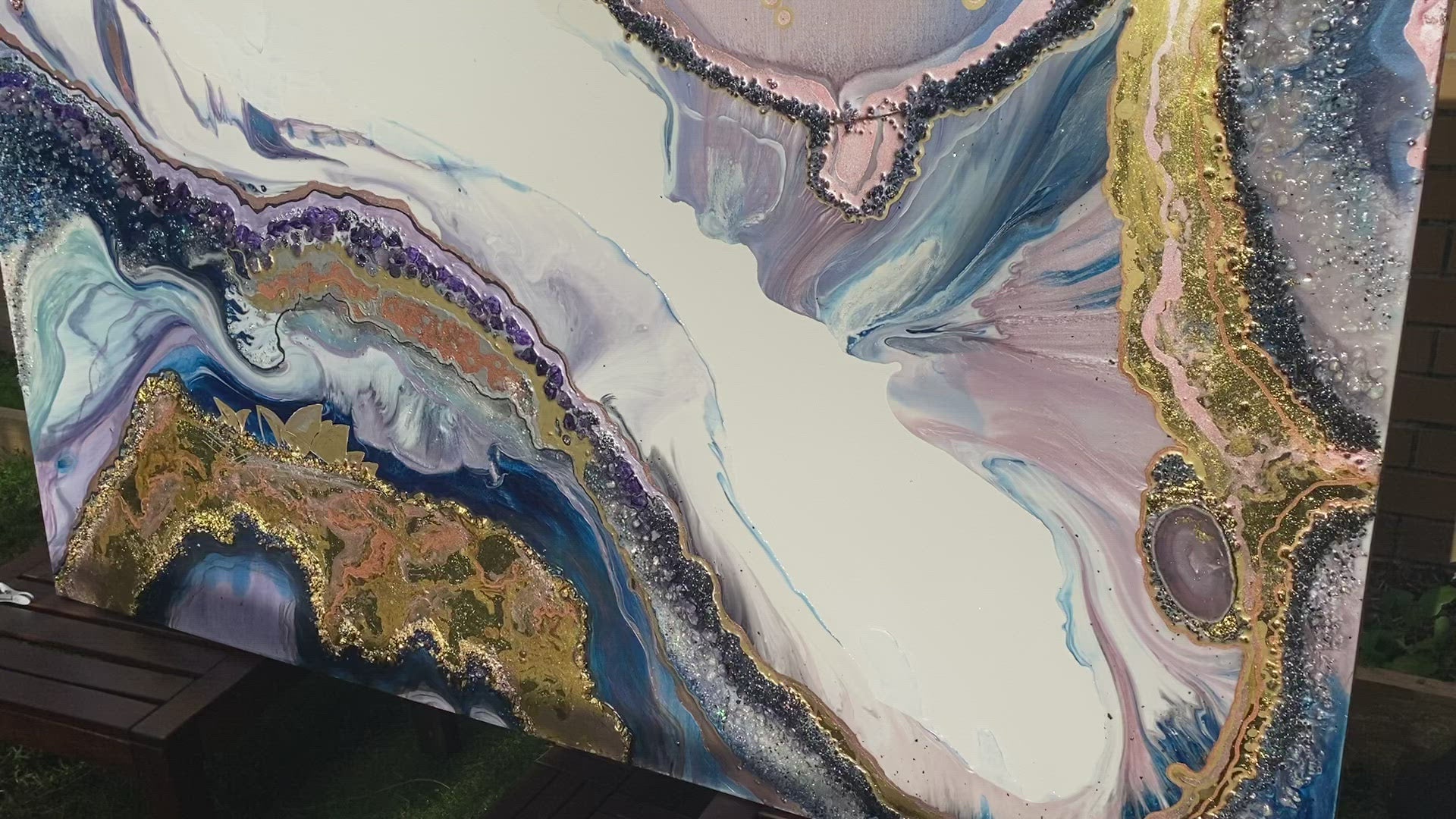 Lavender Amethyst Crystal. Sydney Opera House. Original Artwork w 24K Gold