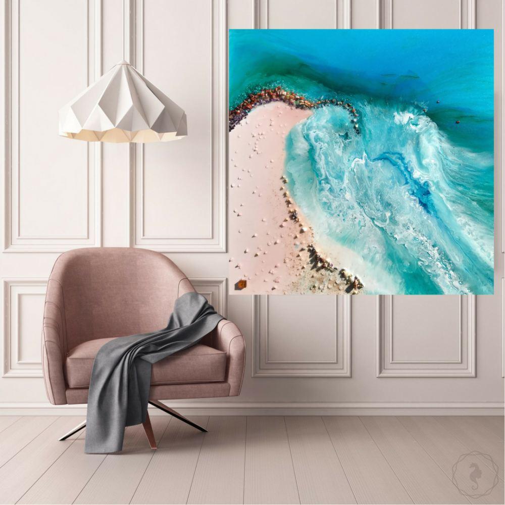 Teal and Blue Artwork. Beach Inspired Abstract piece. Durdle Door. Antuanelle 2 Coastal Abstract. Original Artwork with Amber Agate. 
