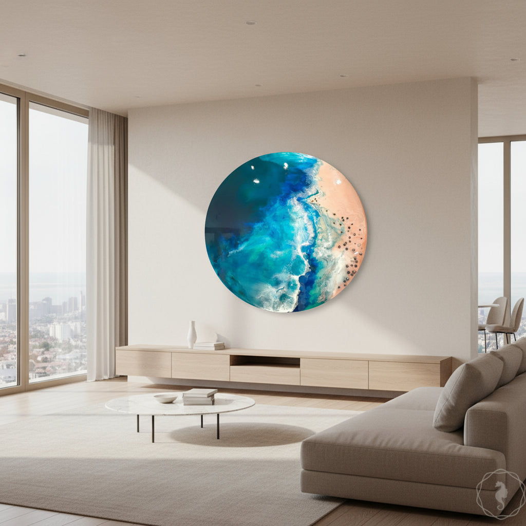 Abstract Seascape. Vivid blues. Laguna Beach CA. Art Print. Antuanelle 2 CA Seascape.Round Perspex Acrylic Print