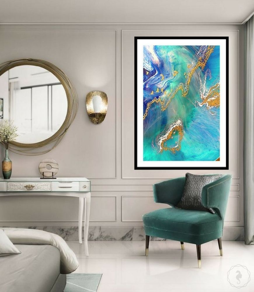 Abstract Ocean. Teal and Gold. Heart Reef. Art Print. Antuanelle 2 Seascape. Print
