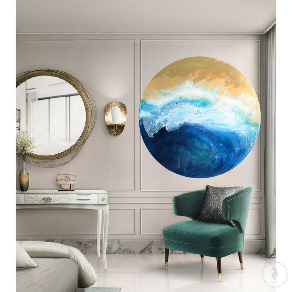Abstract Coastal. Beige & blue. Laguna Depth. Art Print. Antuanelle 2 Depth Seascape. Round Perspex Print