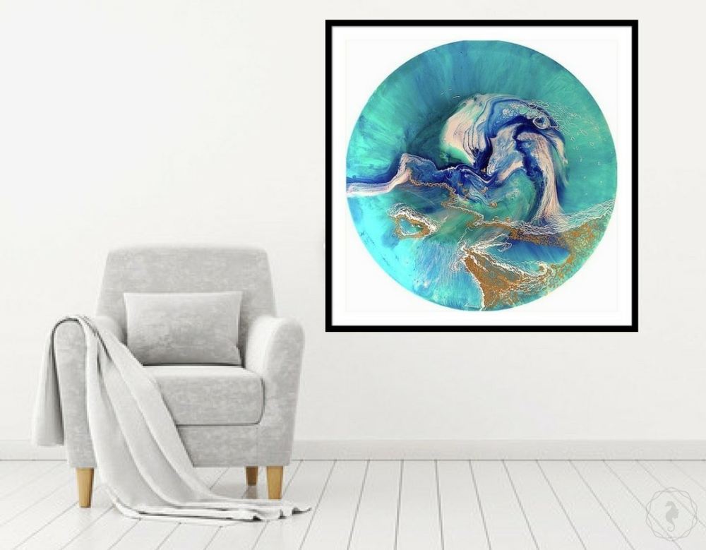 Abstract Sea. Teal and aqua. Great Barrier Reef. Art Print. Antuanelle 5 Reef Ocean. Round Perspex AcrylicPrint