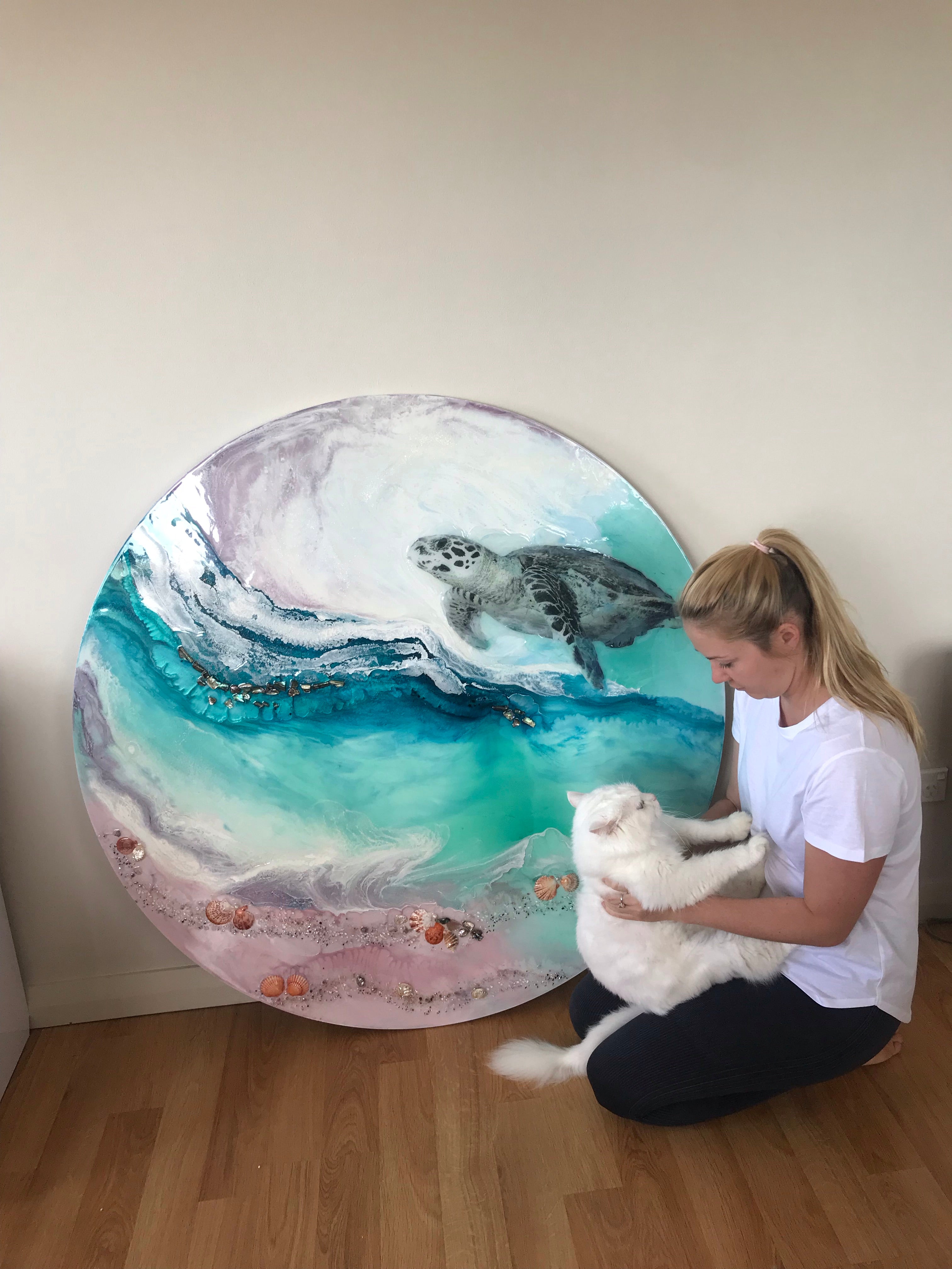 Custom Made. Turtle Ocean Artwork. Antuanelle 3 Bounty 2.0 Abalone Shell. Australian Seascape. Round COMMISSION.