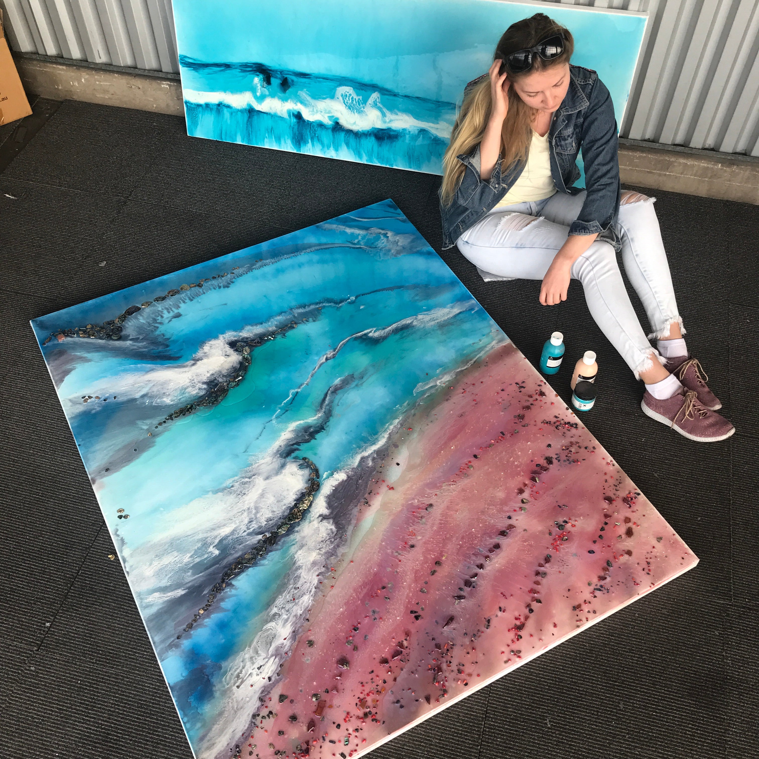 Teal and Pink Ocean Painting. Abstract Seascape Resin Artwork 4 Azure Coastline. Ocean. Original with Abalone Shells Coral 120x150cm.