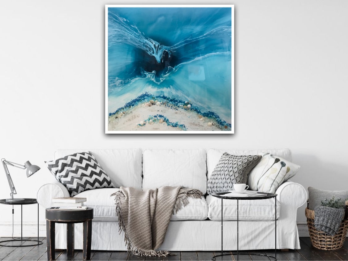 TEAL AND WHITE. Crystal clear. Ocean Original Artwork. Antuanelle 7 Clear. Artwork with Amazonite. 90x90cm