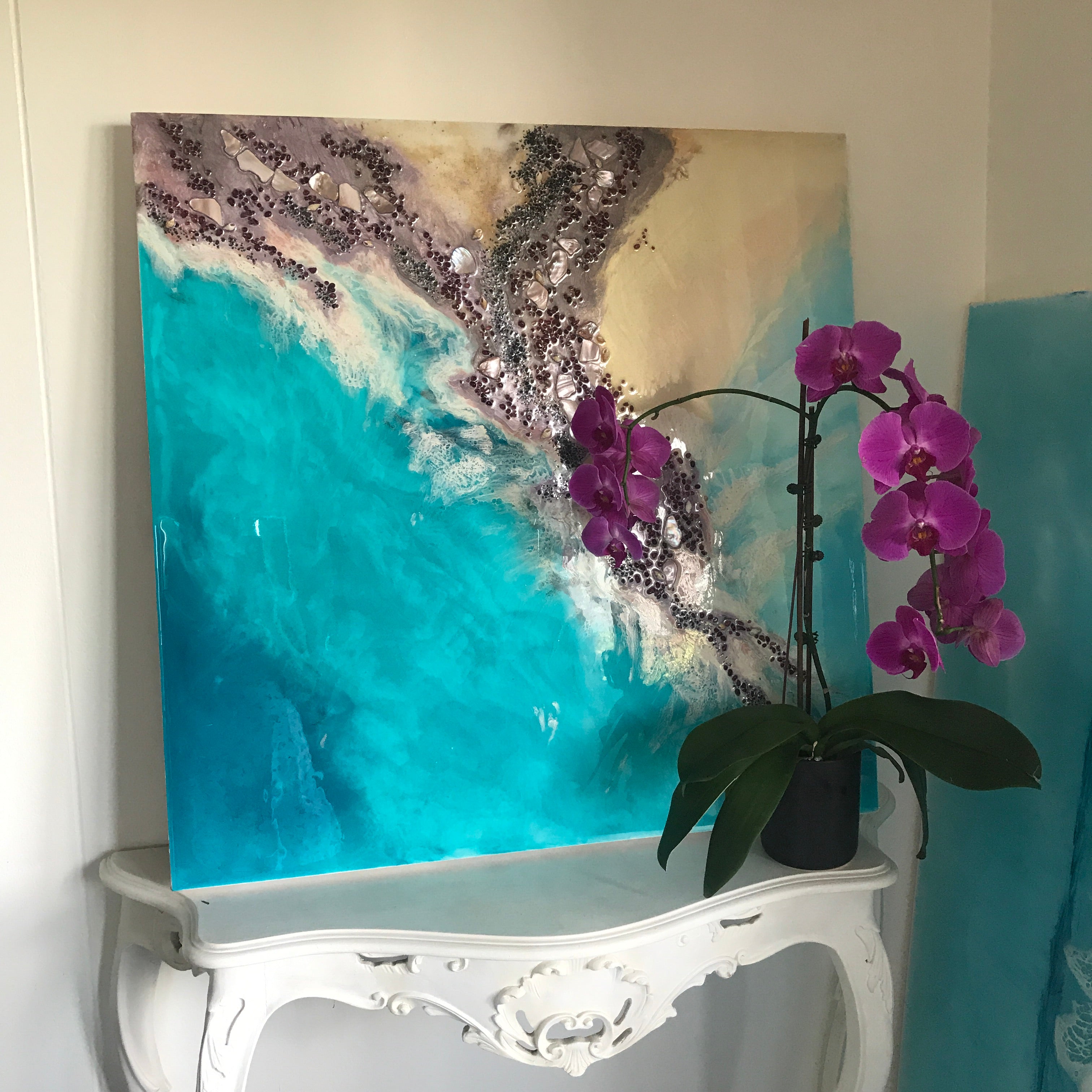 Teal Blue Ocean Wave. Byron Bay Magic. Original Artwork. Antuanelle 11 Magic with Mussels and Garnet. Abstract Seascape 90x90cm