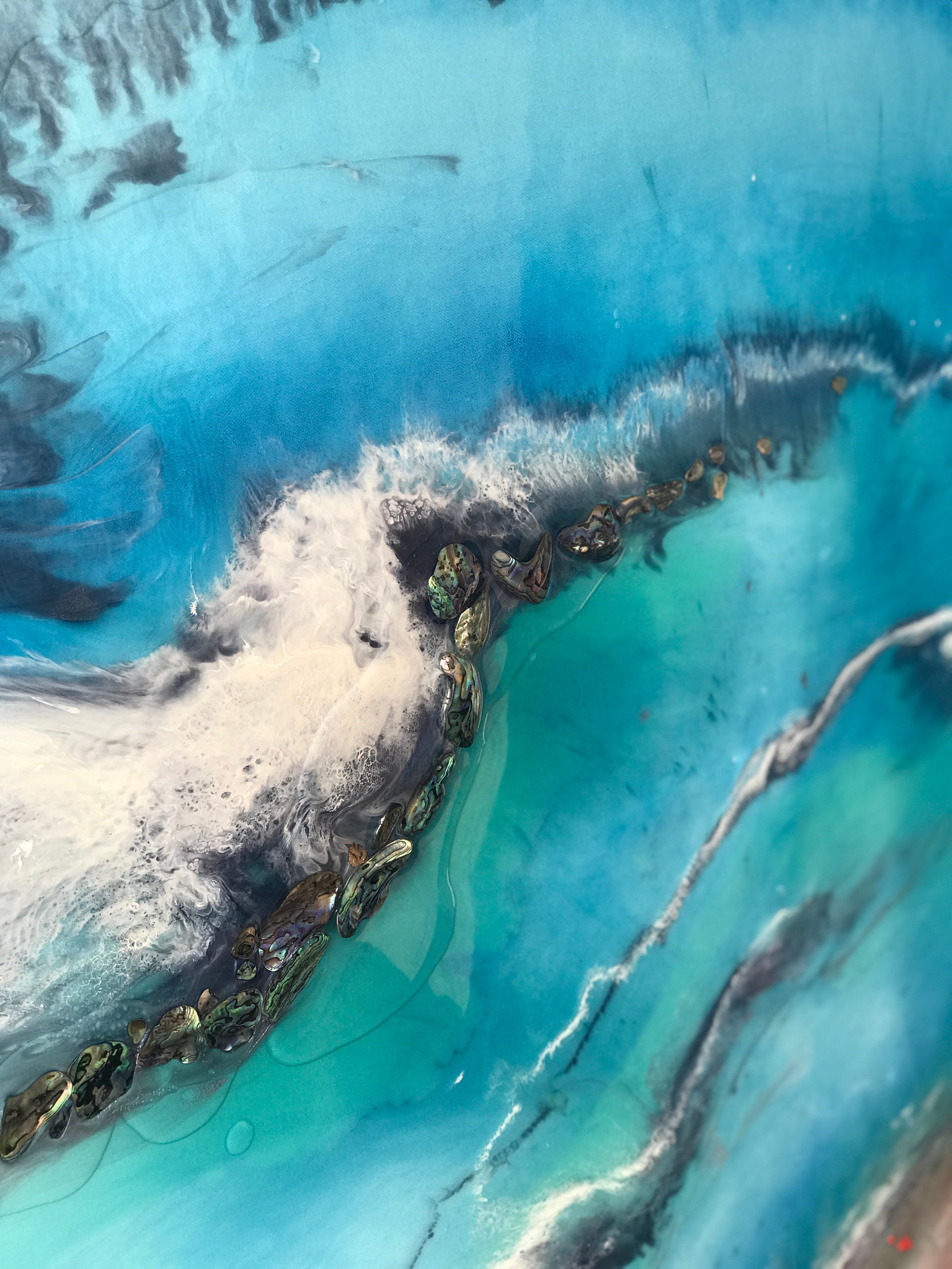 Teal and Pink Ocean Painting. Abstract Seascape Resin Artwork 9 Azure Coastline. Ocean. Original with Abalone Shells Coral 120x150cm.