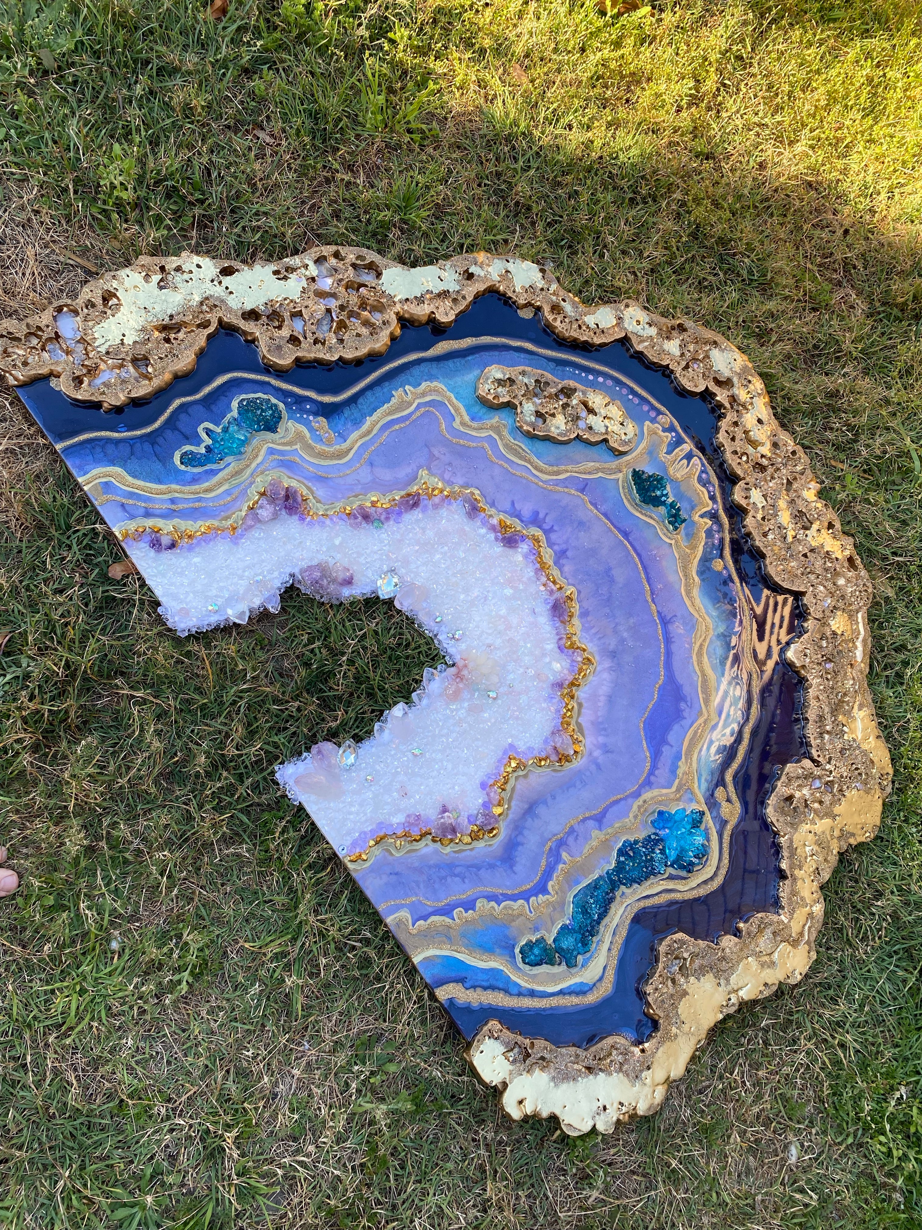 Amethyst. Freeform Purple and Gold Geode Gemstone Artwork with Amethysts