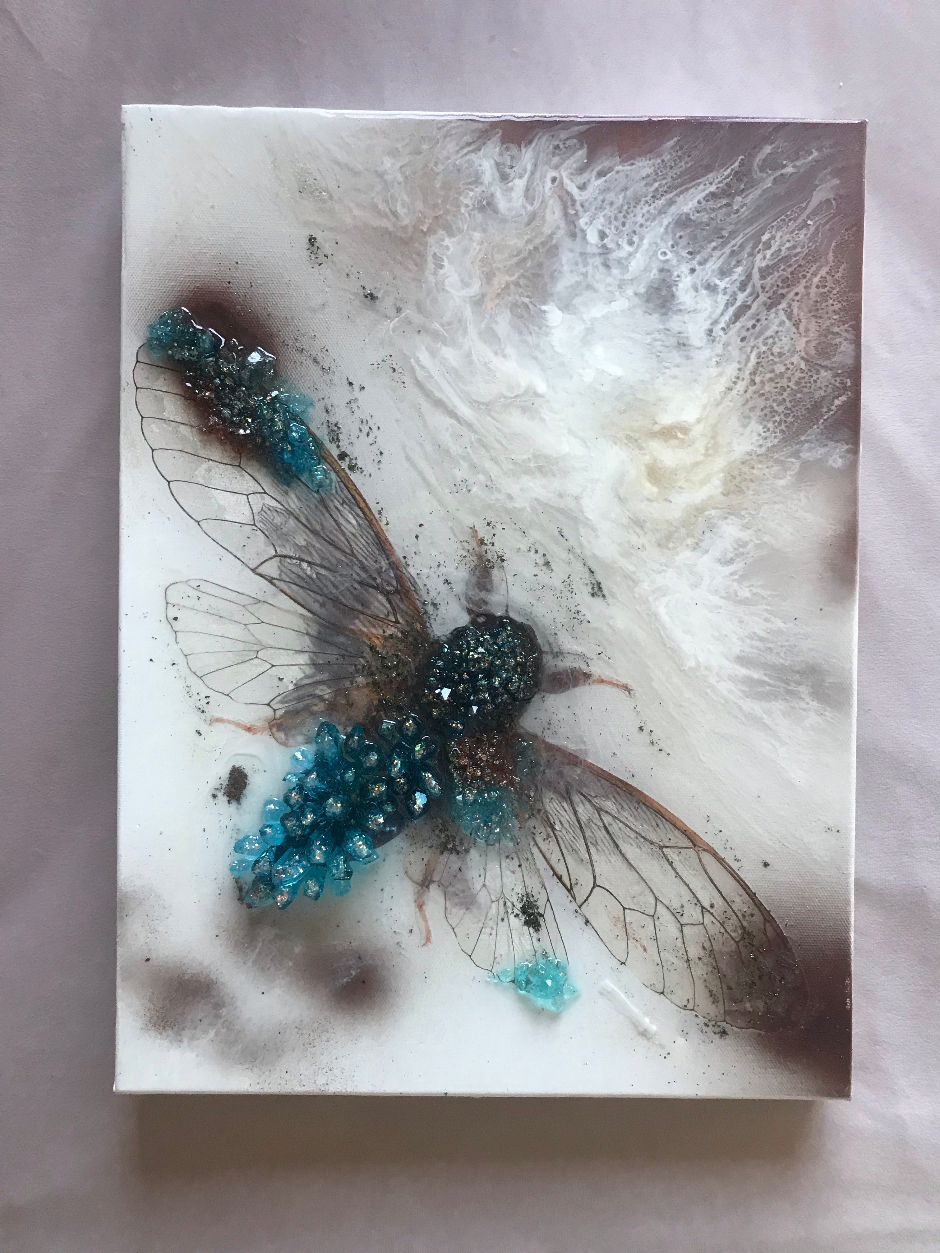 2 Cicada in Crystals. Blue Opal. Original Artwork 30x40cm