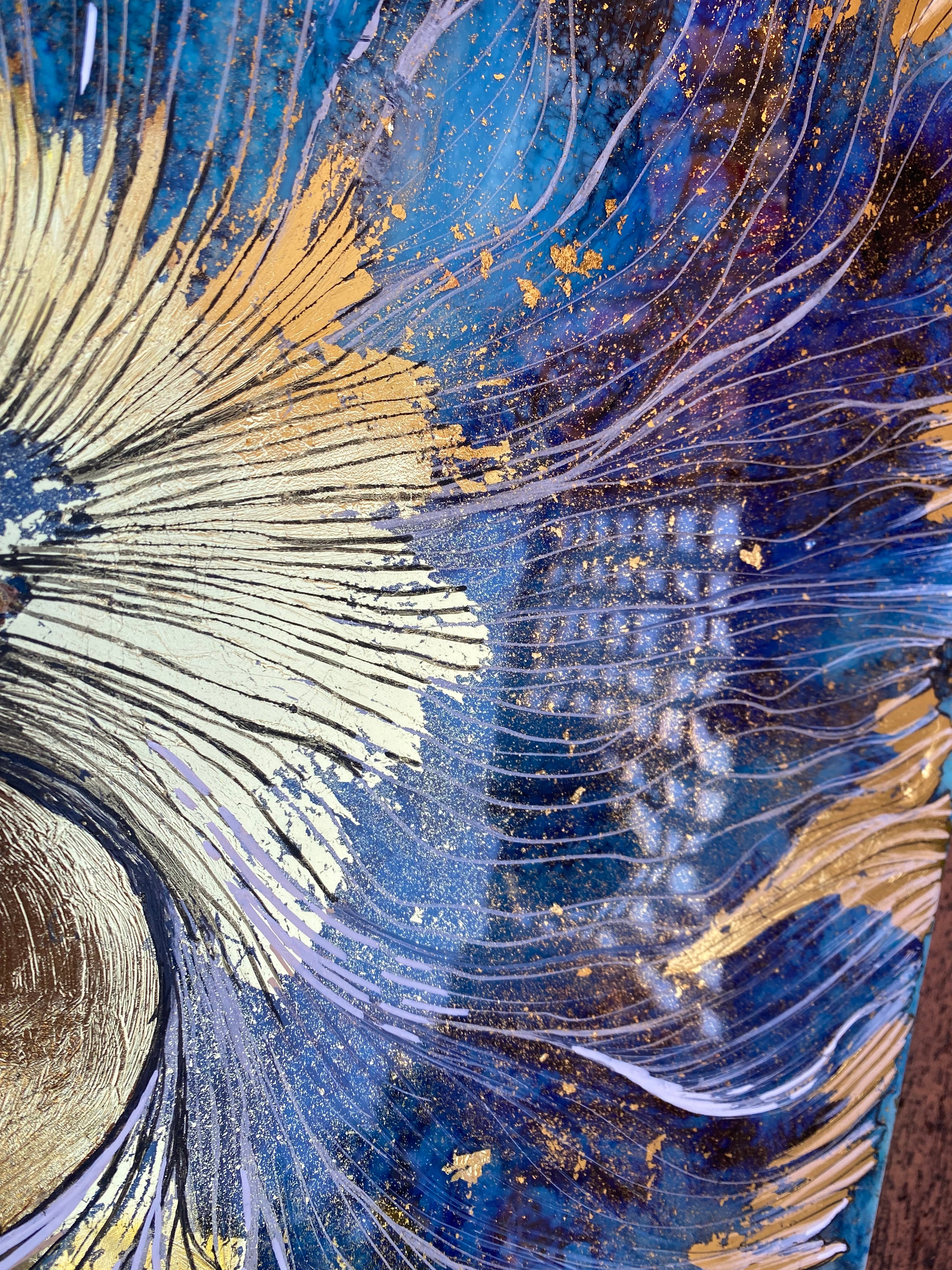 Blue Fish Artwork. Beta Fighter Fish. Abalone shells in Gold