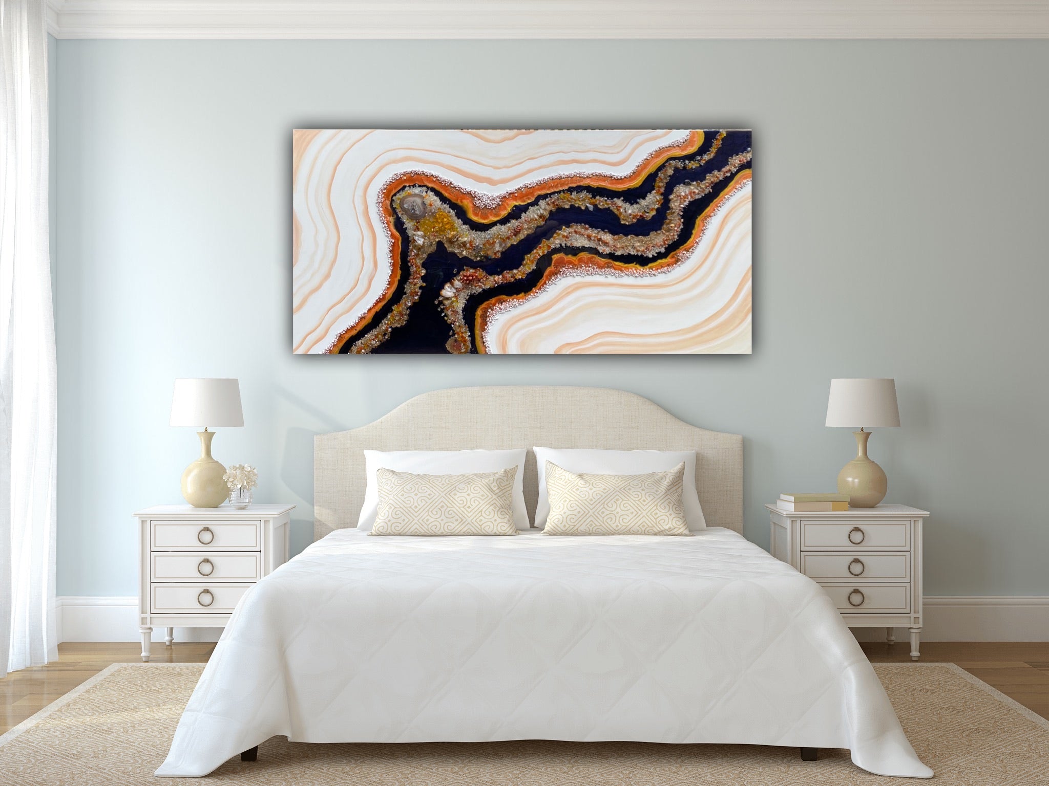 Golden Citrine. Copper and Navy Geode Gemstone Artwork with natural Citrine 150x75cm