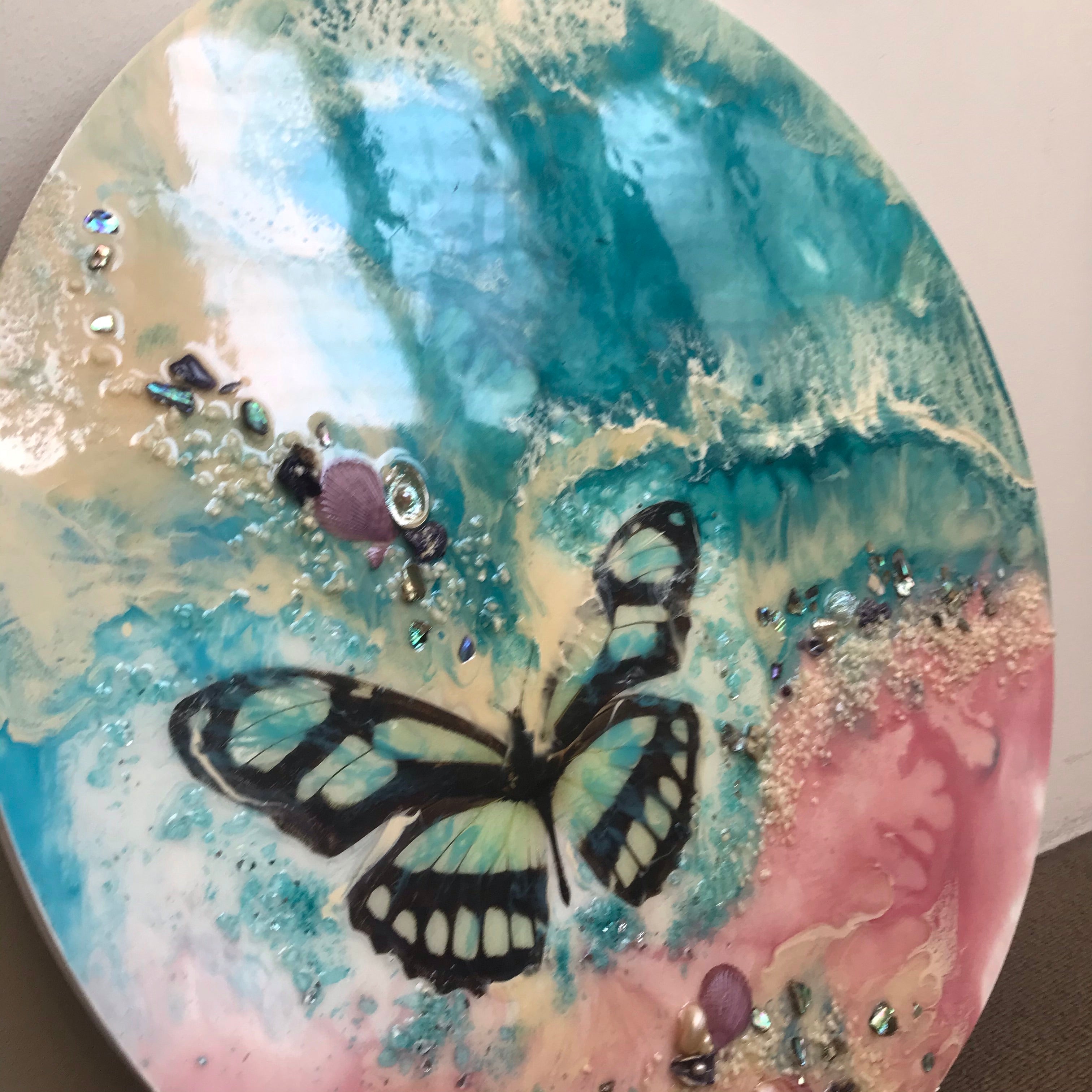7 Butterfly Dream. Original Abstract Resin Artwork with Genuine Pearls