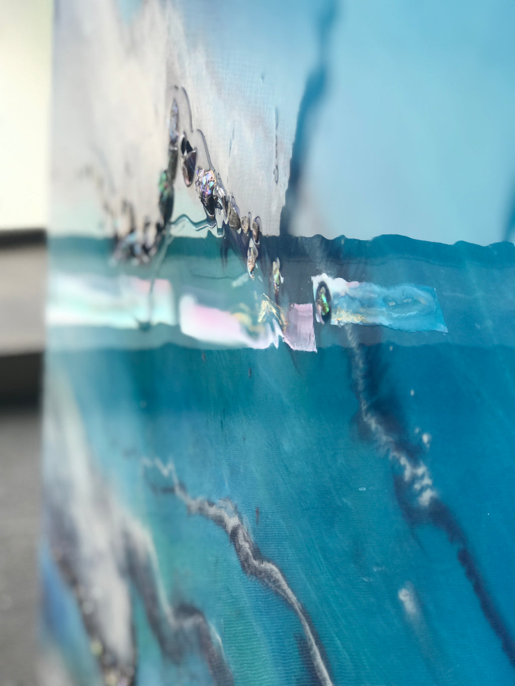 Teal and Pink Ocean Painting. Abstract Seascape Artwork 8 Azure Coastline. Ocean. Original with Abalone Shells Coral 120x150cm.