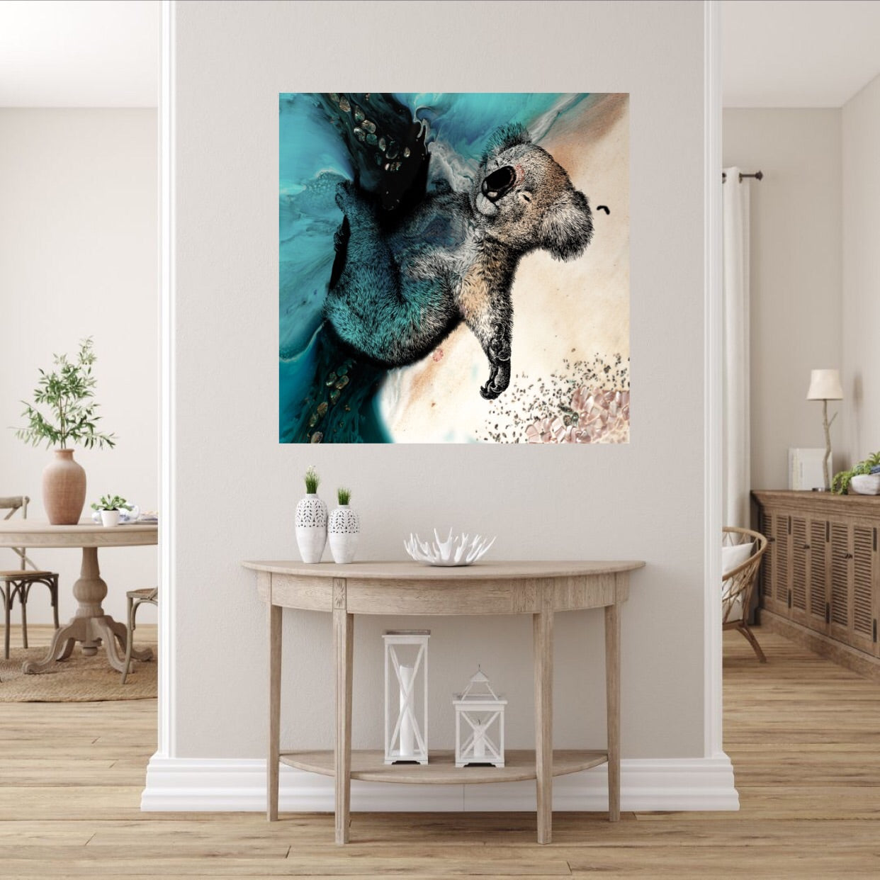 Abstract Seascape. Teal seascape with Koala. Art Print. Antuanelle 3 Sleeping Beauty. Print for WIRES Wildlife Rescue. Limited Edition