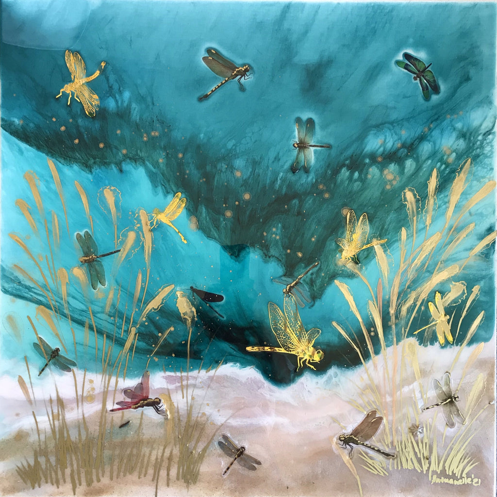 Gold Dragonflies Teal Seascape. Dragonflies in Golden light.Original Artwork