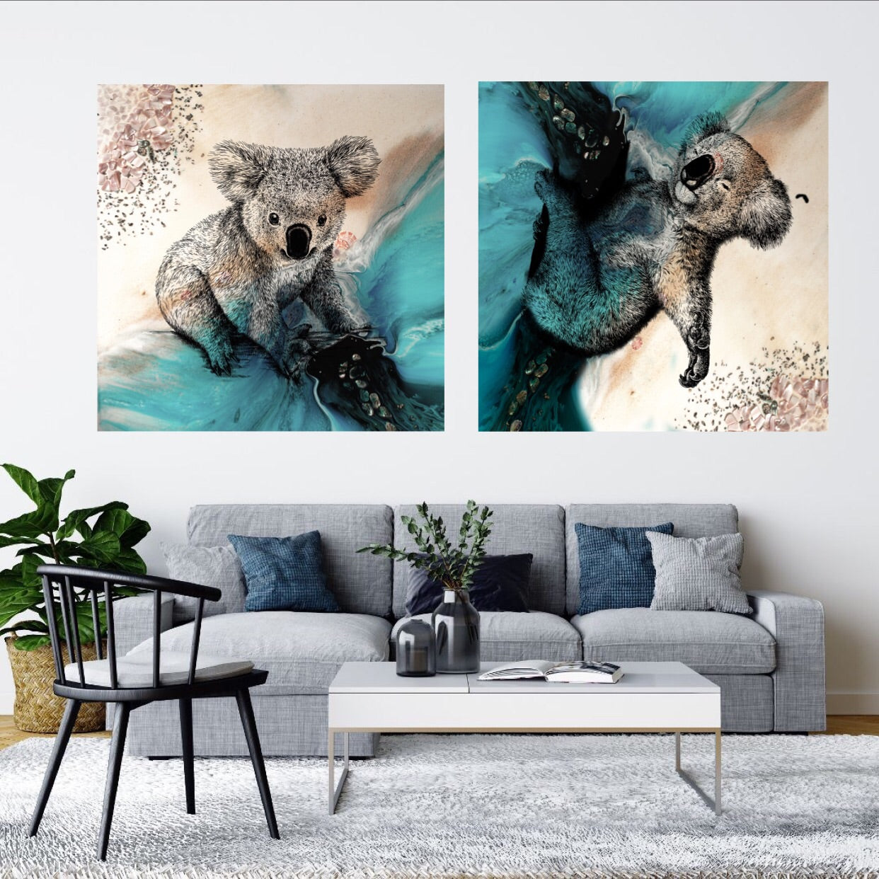 Abstract Seascape. Teal seascape with Koala. Art Print. Antuanelle 4 Sleeping Beauty. Print for WIRES Wildlife Rescue. Limited Edition