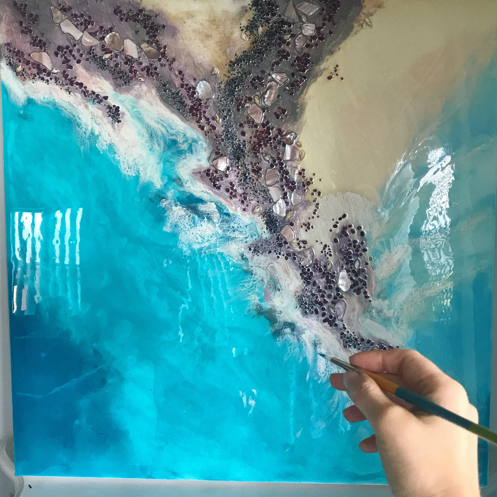 Teal Blue Ocean Wave. Byron Bay Magic. Original Artwork. Antuanelle 7 Magic with Mussels and Garnet. Abstract Seascape 90x90cm