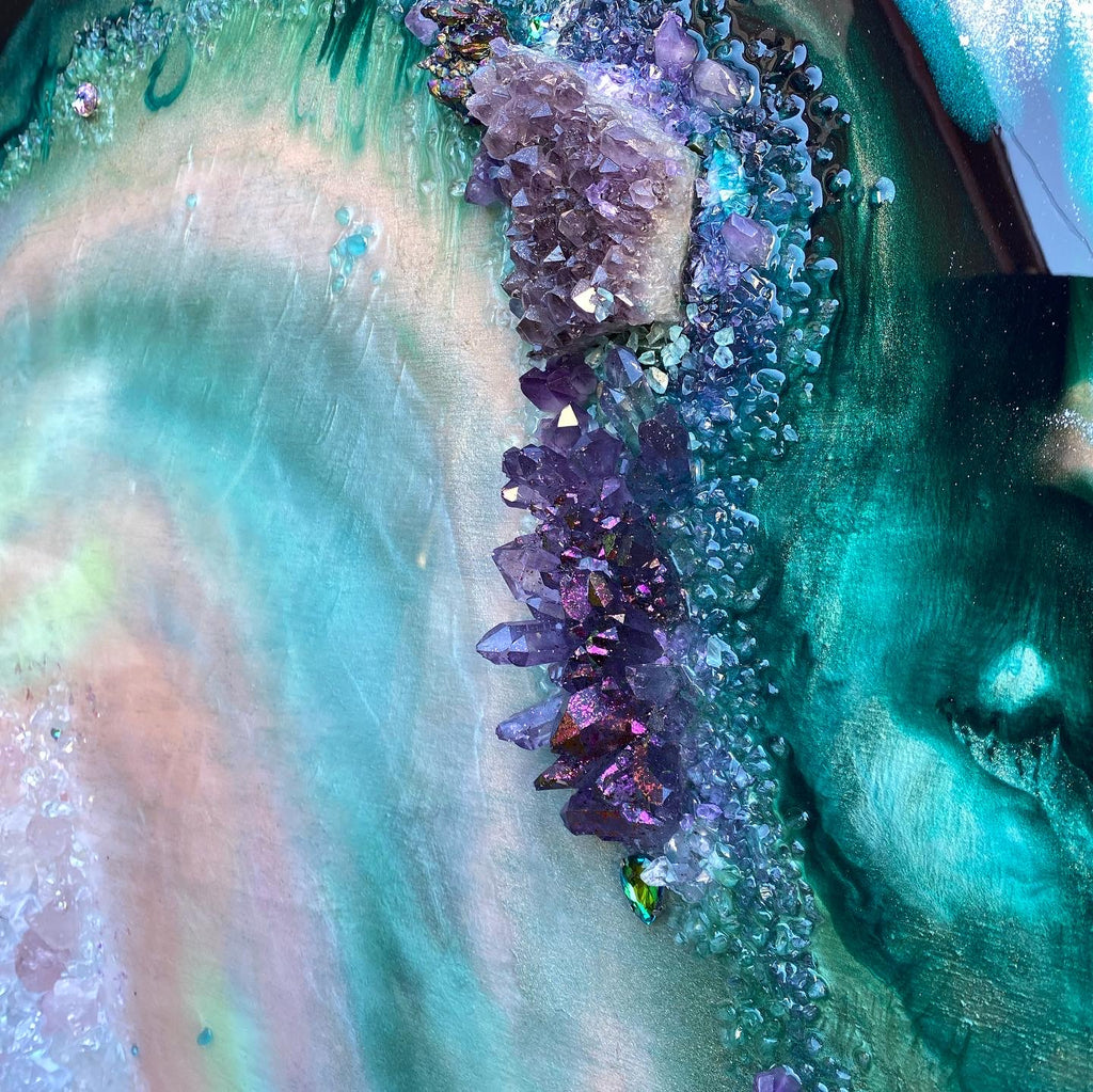 BedHead Elixir Green Blue Crystal Reef Freeform Artwork with Amethysts, Rose Quartz,  set of 2 - 120x240cm with pink LED backlight