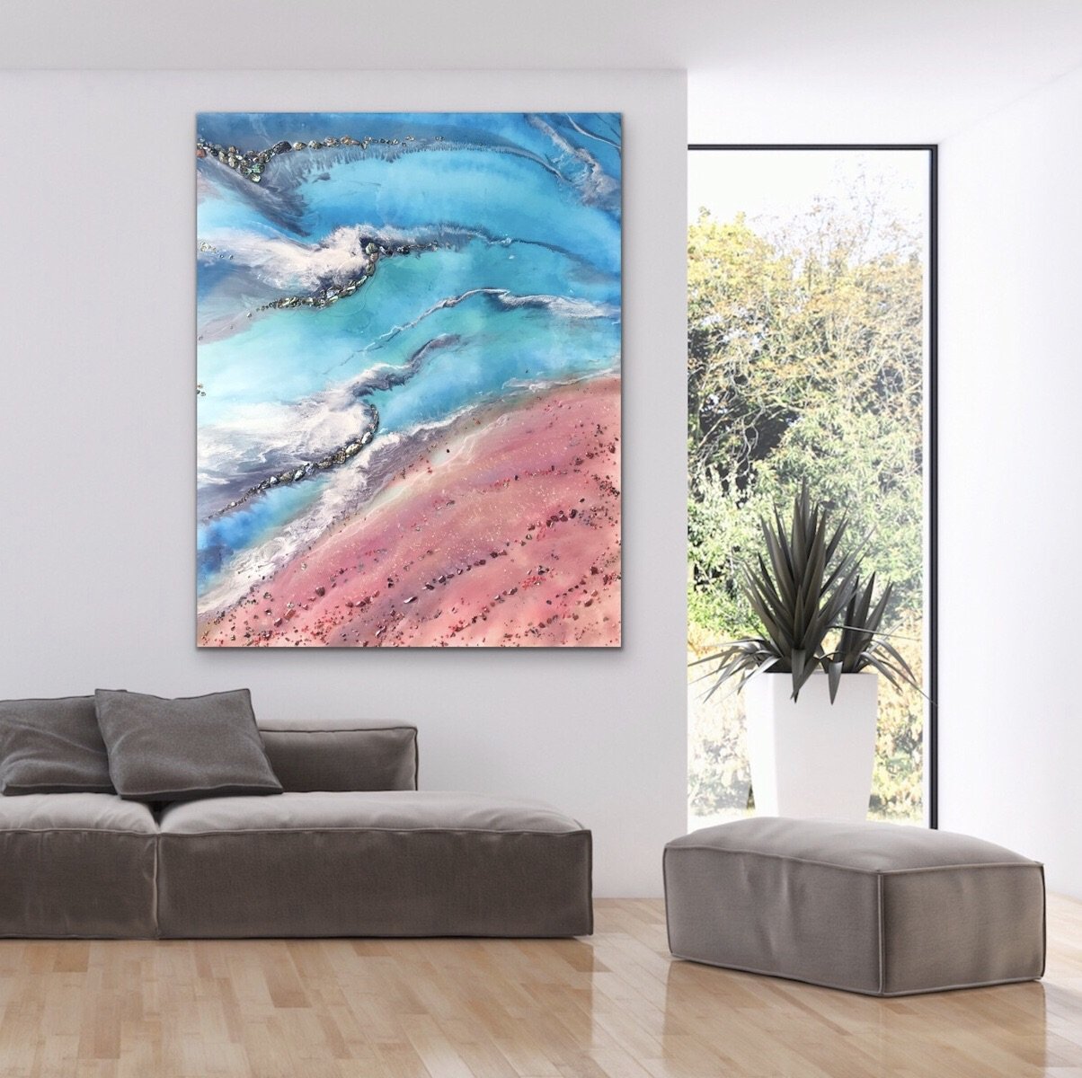 - Azure Coastline. Abstract Ocean. Original Artwork with Abalone Shells and Coral 120x150cm.
