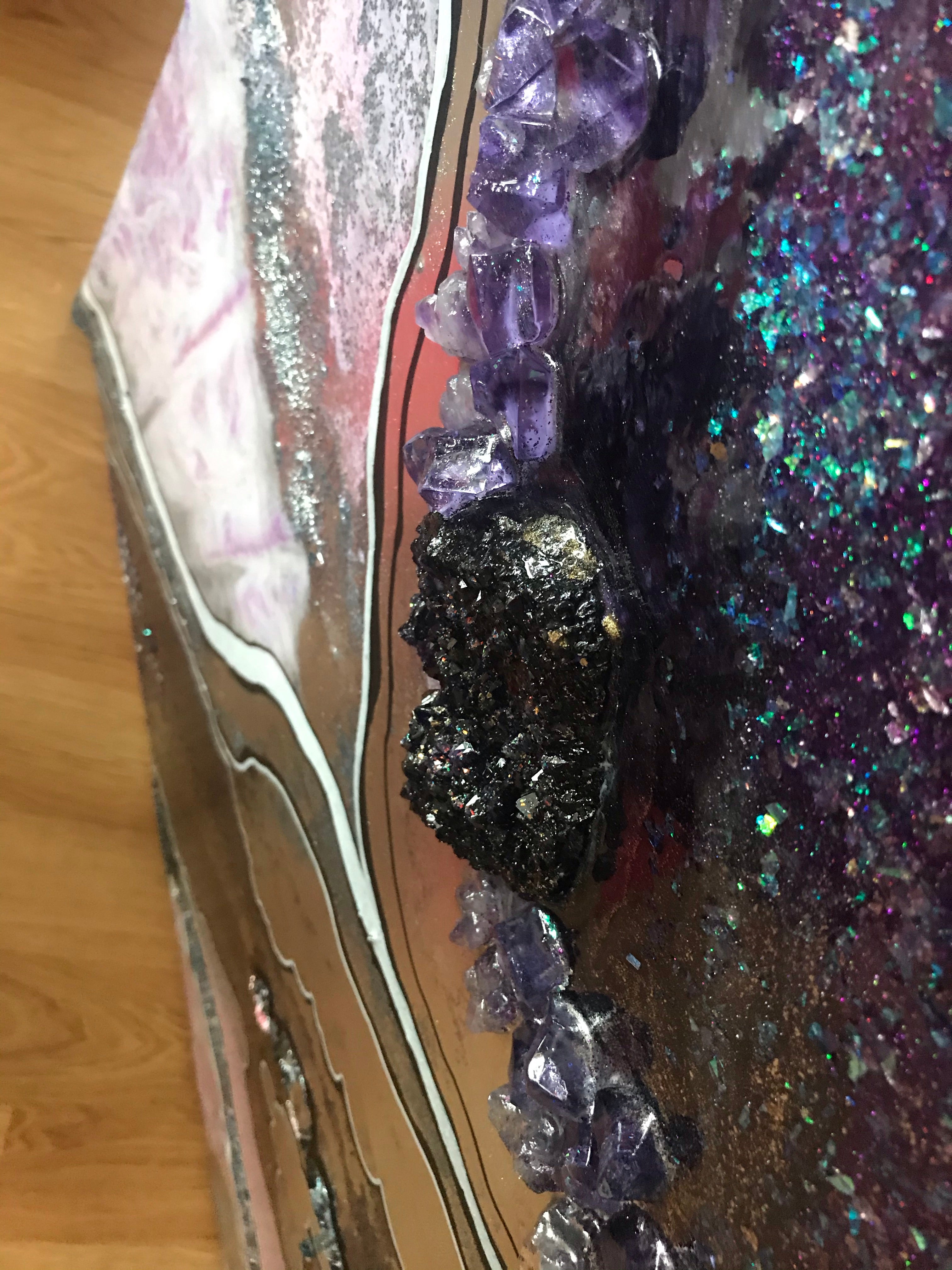 Peace and Wisdom Amethyst Artwork with Crystals. Original Artwork