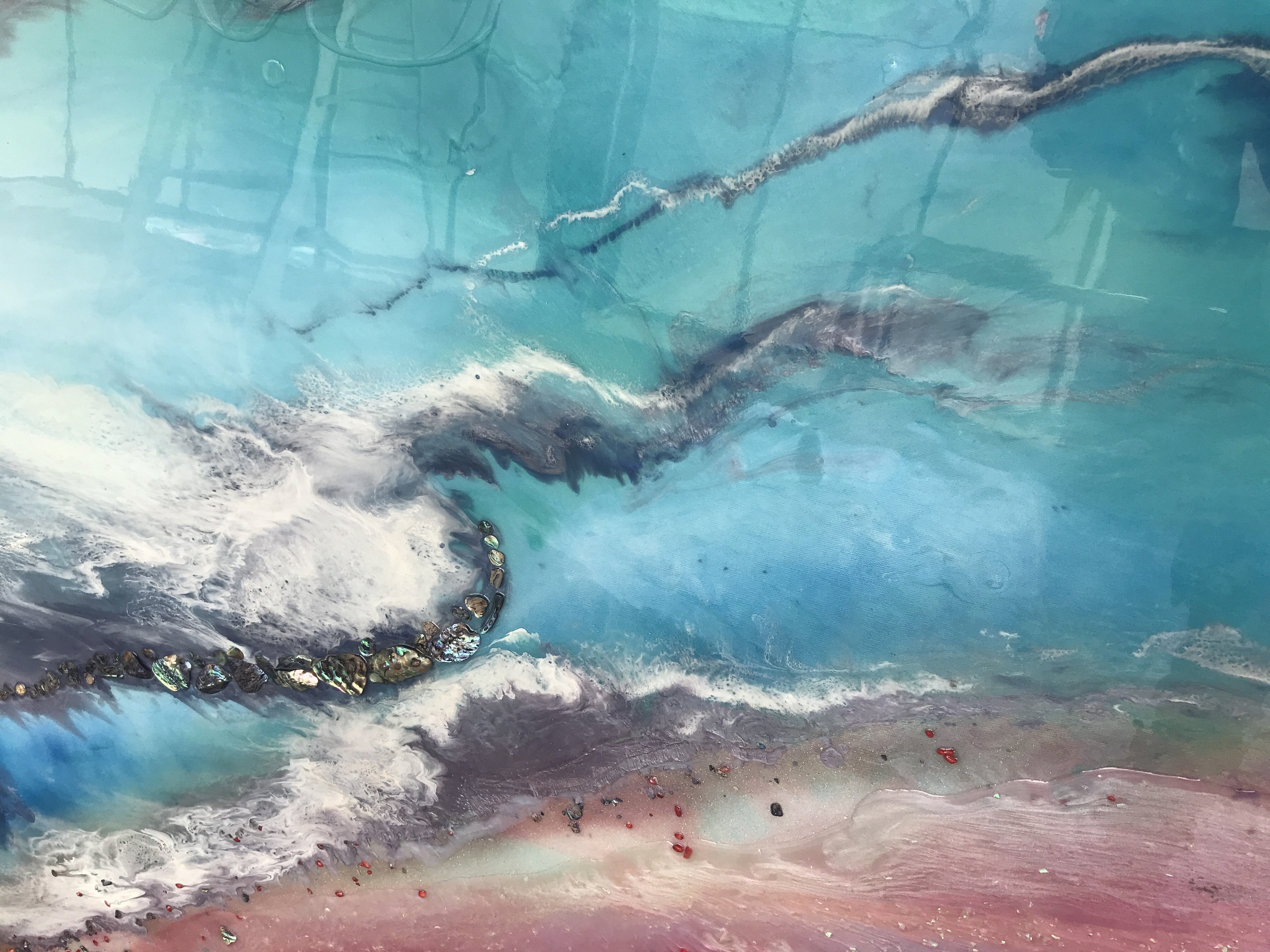 - Azure Coastline. Abstract Ocean. Original Artwork with Abalone Shells and Coral 120x150cm.